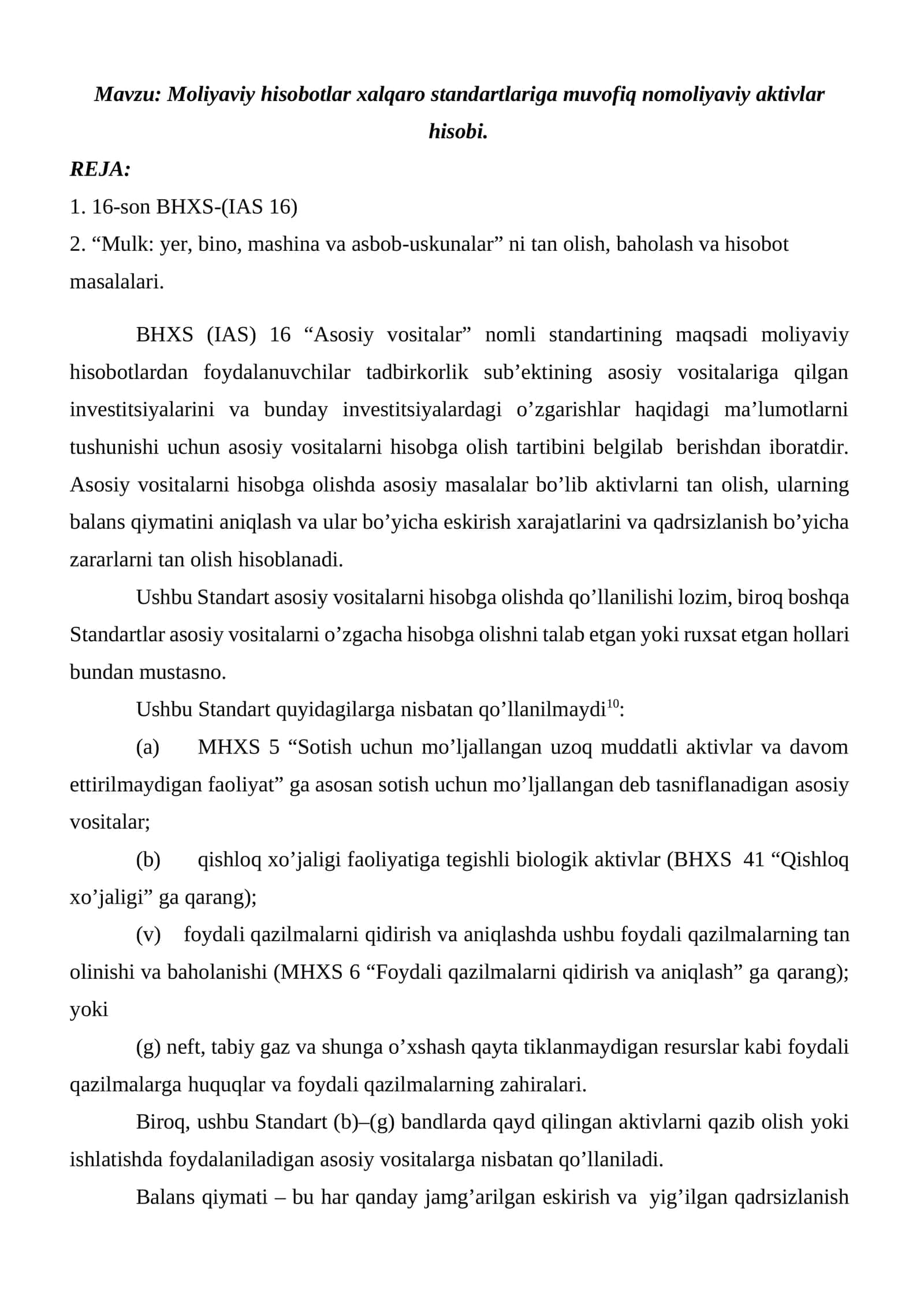 Moliyaviy hisobotlar xalqaro standartlariga muvofiq nomoliyaviy aktivlar hisobi