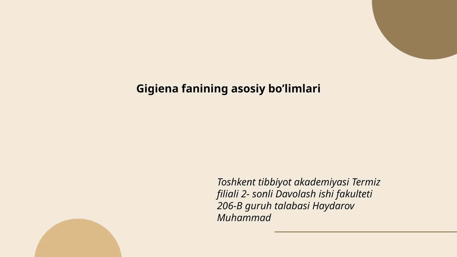 Gigiena fanining asosiy boʼlimlari