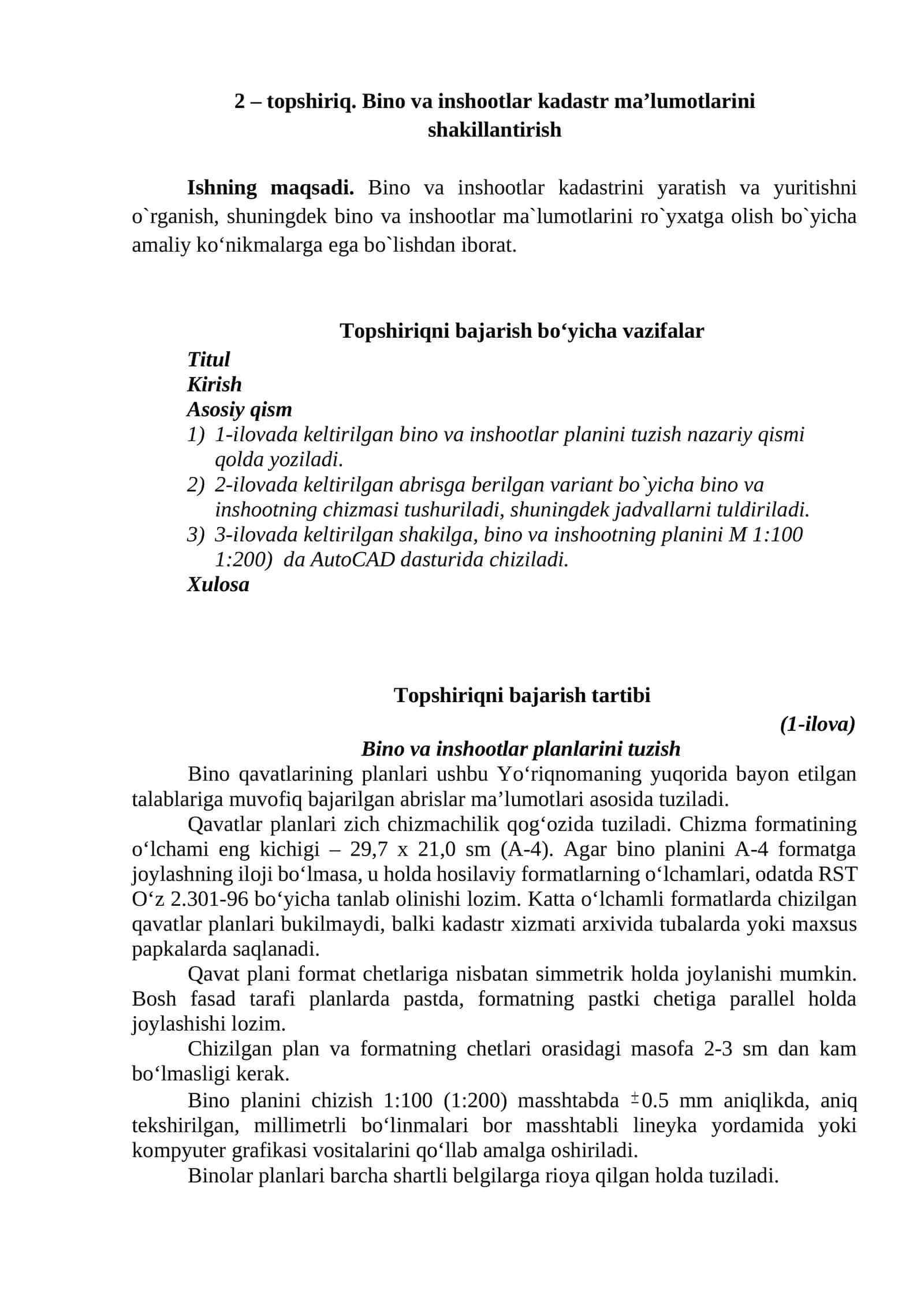 Bino va Inshootlar Kadastr Ma'lumotlarini Shakillantirish