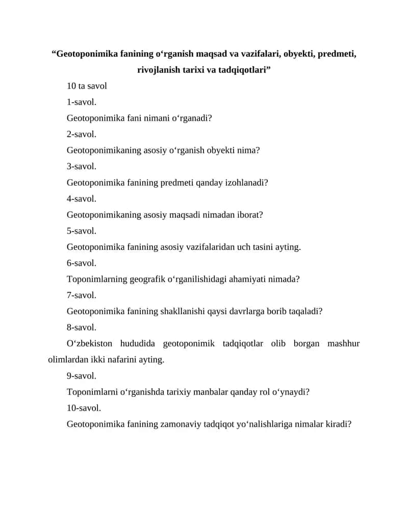 Geotoponimika fanining o‘rganish maqsad va vazifalari