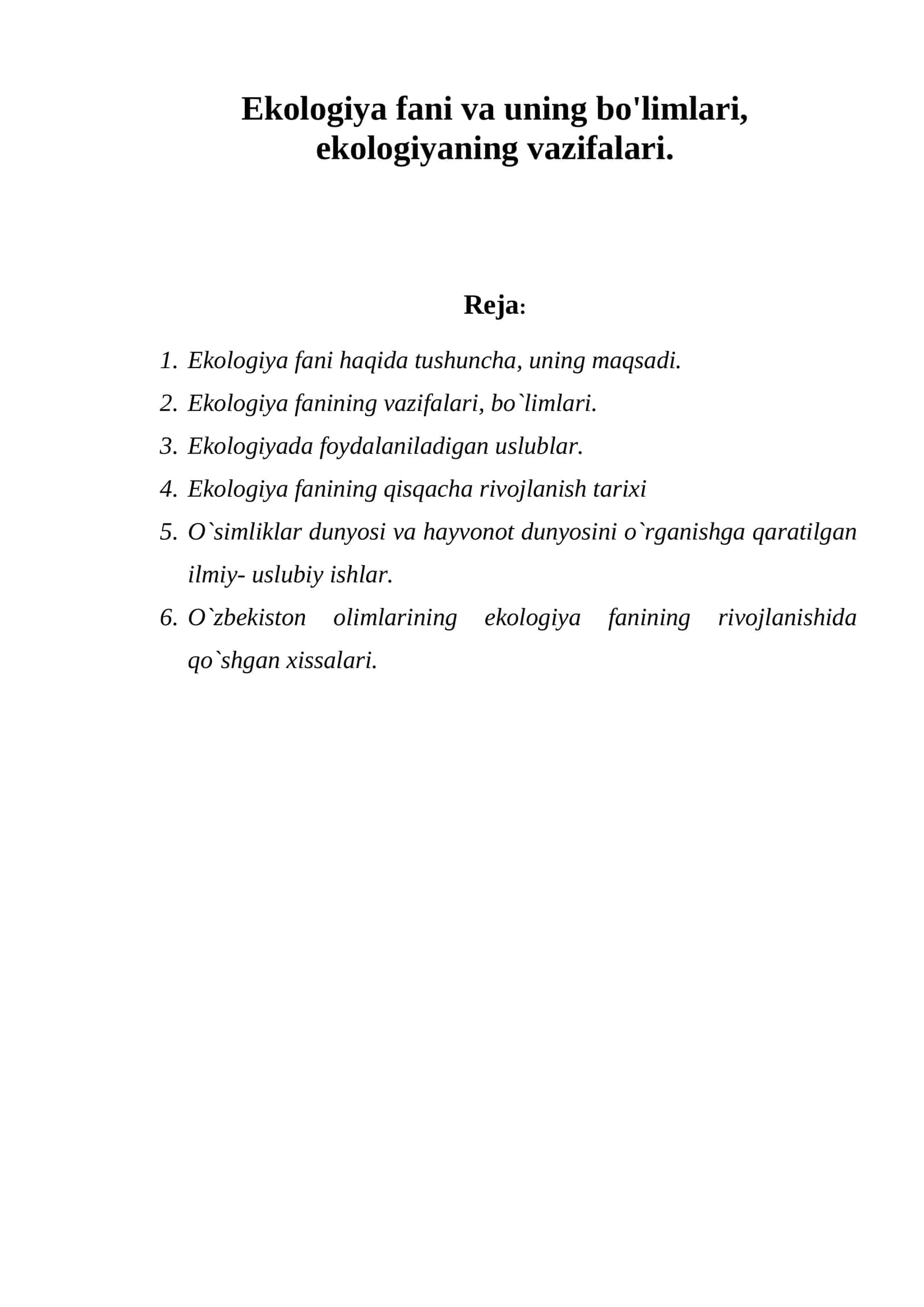 Ekologiya fani va uning bo'limlari