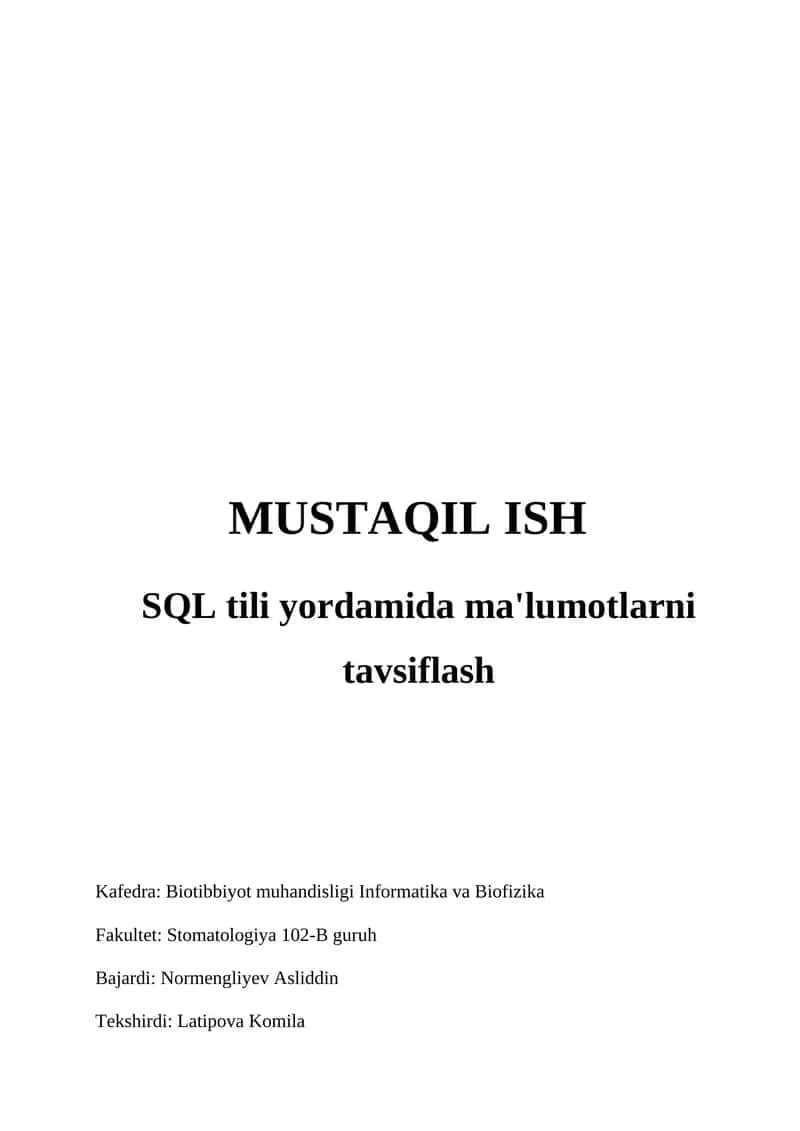 SQL tili yordamida ma'lumotlarni tavsiflash