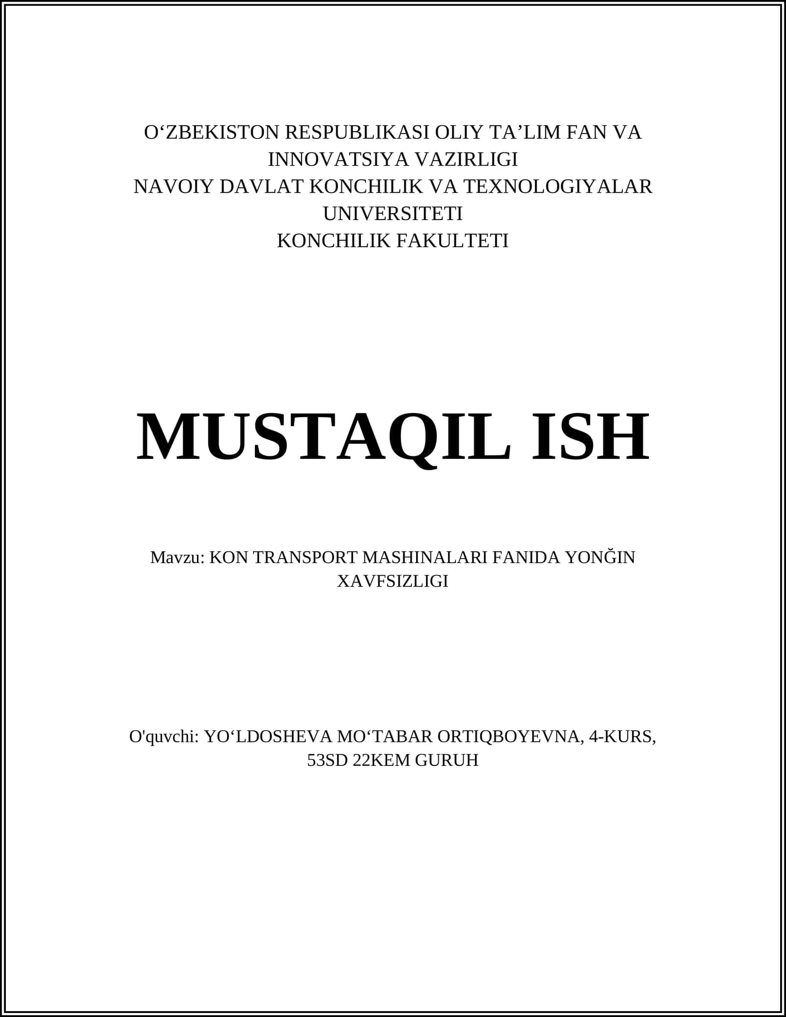 Kon transport mashinalari fanida yong'in xavfsizligi asoslari