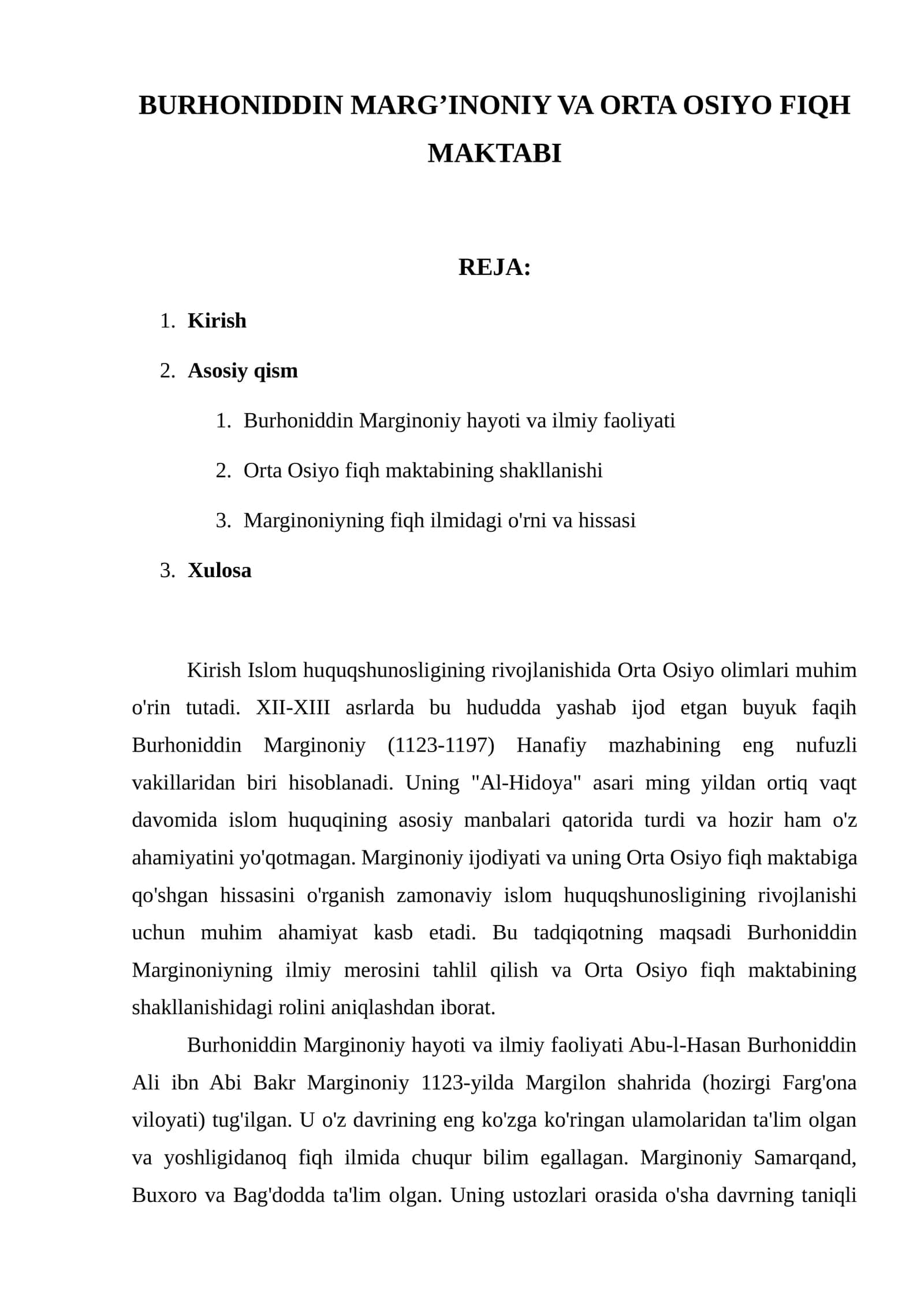 Burhoniddin marg'inoniyning O'rta osiyodagi fiqh maktabi