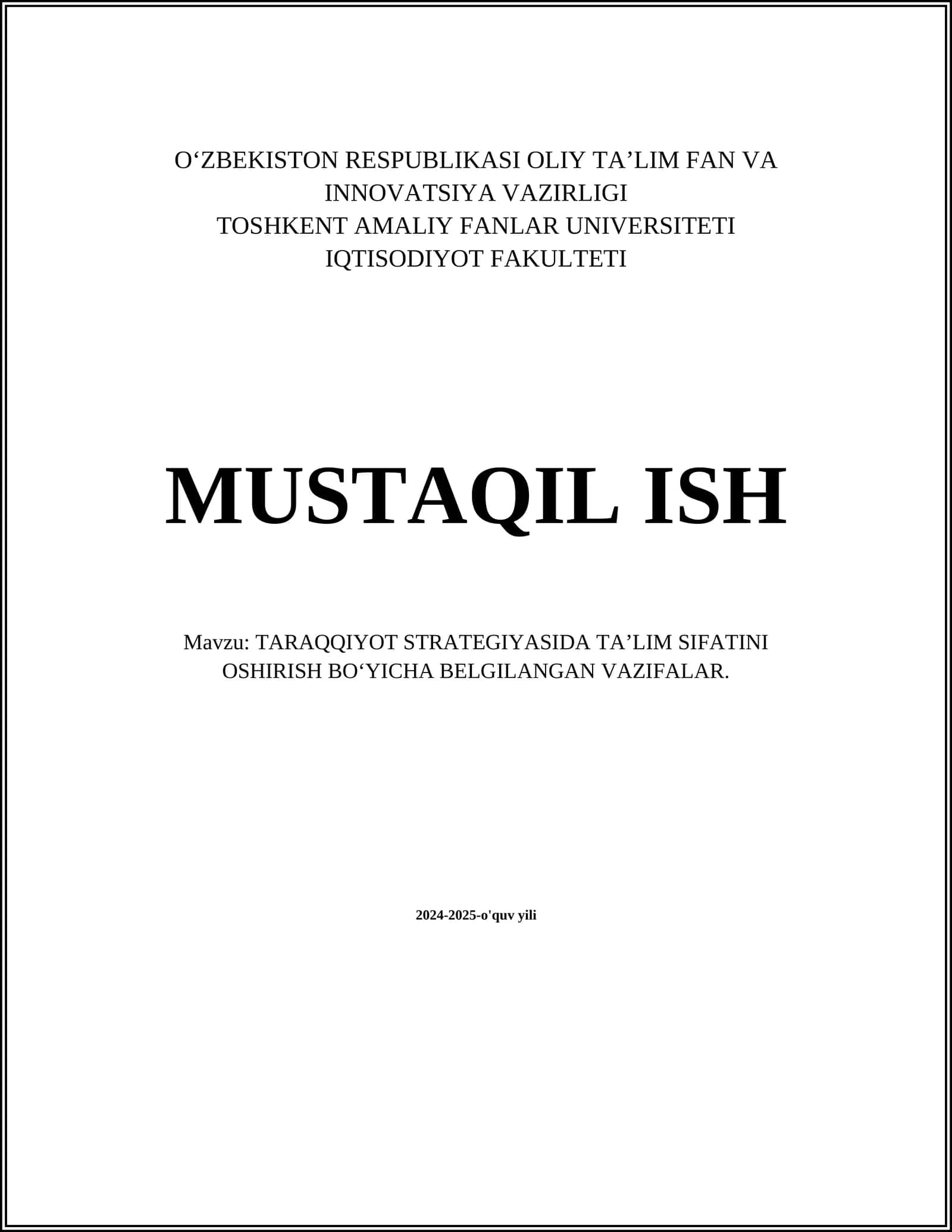 TARAQQIYOT STRATEGIYASIDATA’LIM SIFATINI OSHIRISHBO‘YICHA BELGILANGAN VAZIFALAR