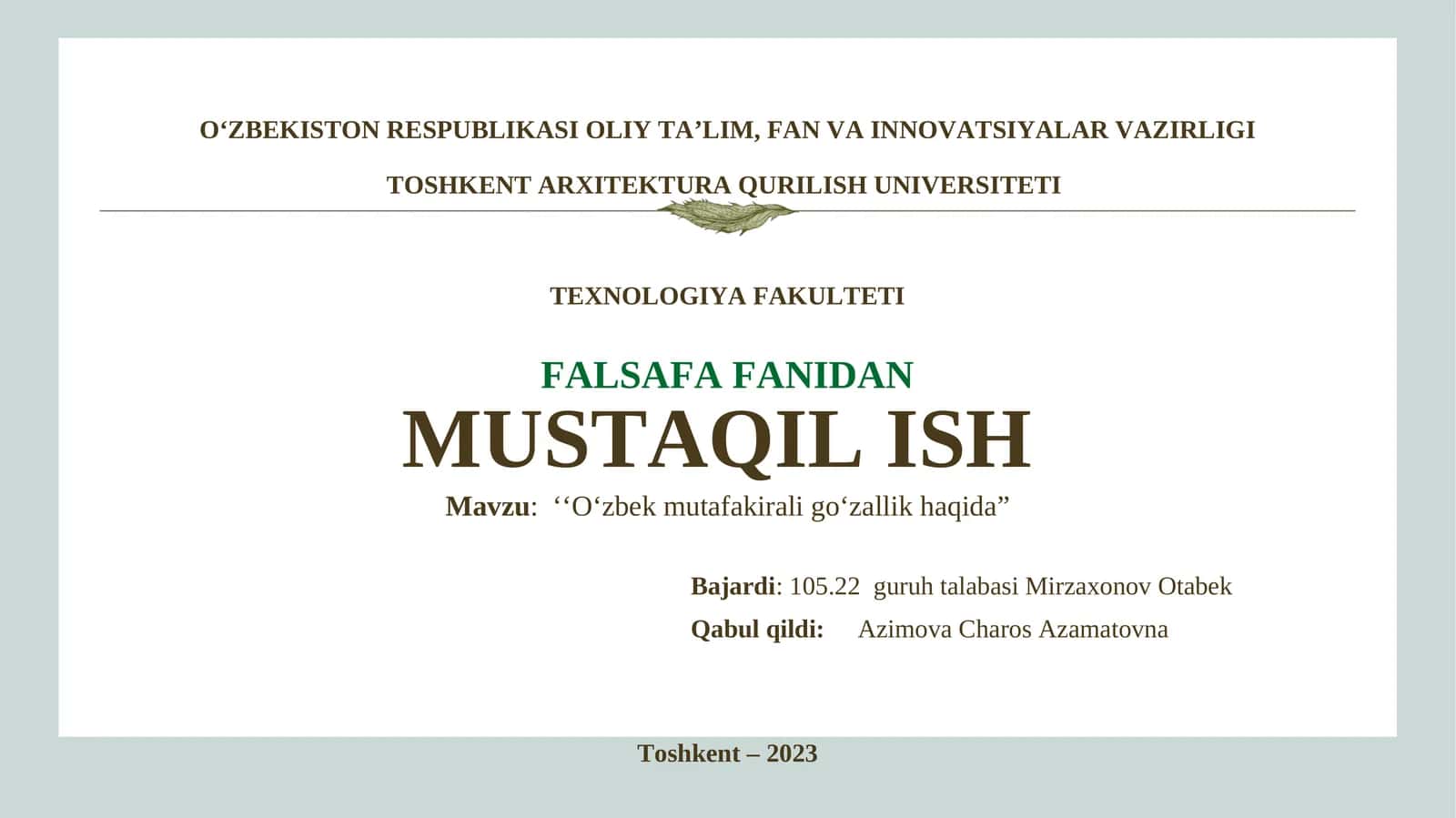 FALSAFA FANIDAN MUSTAQIL ISH