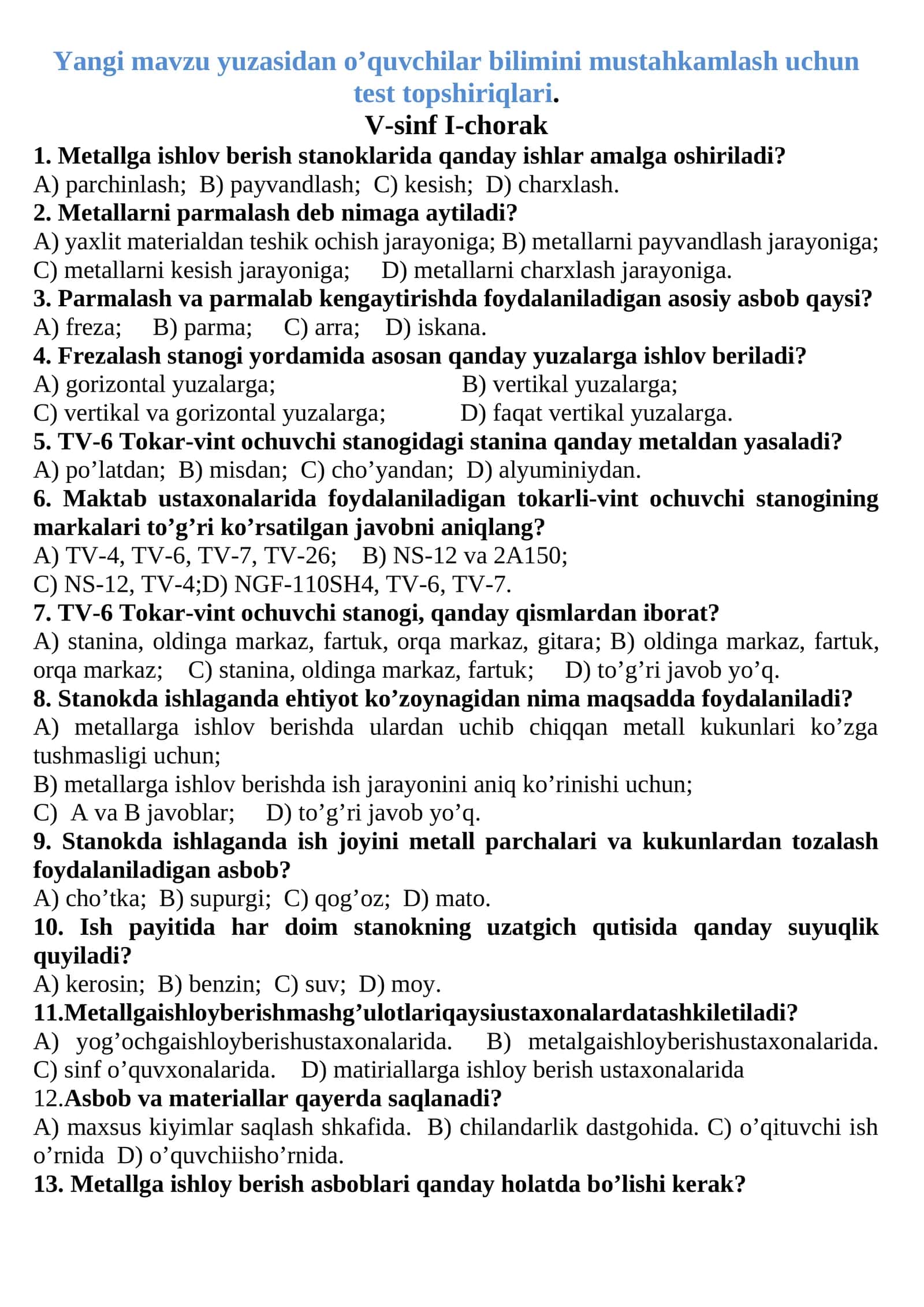 O'quvchilar bilimini mustahkamlash
