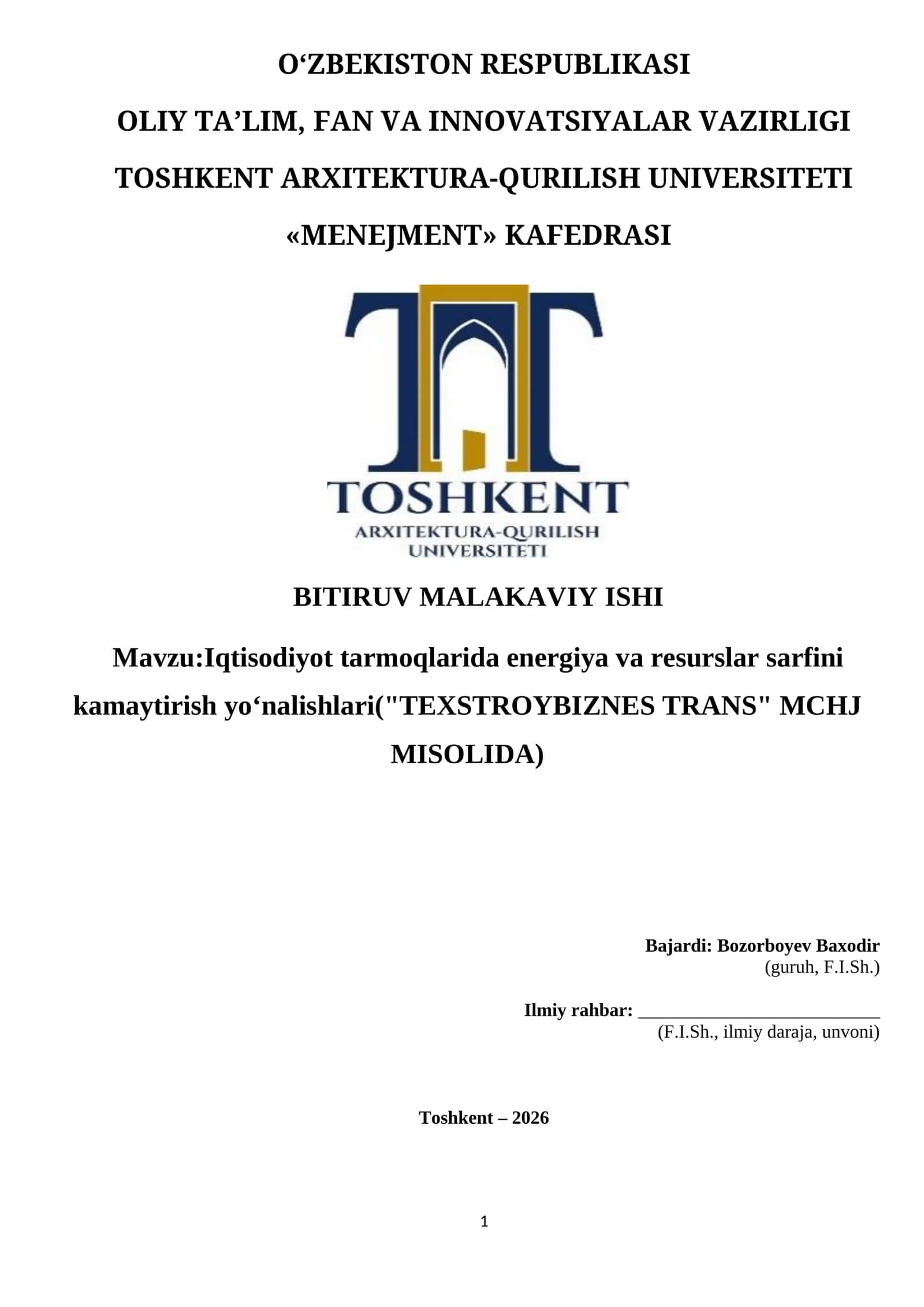 Iqtisodiyot tarmoqlarida energiya va resurslar sarfini kamaytirish yo‘nalishlari