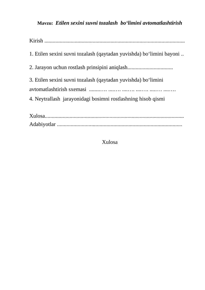 Etilen sexini suvni tozalash bo‘limini avtomatlashtirish
