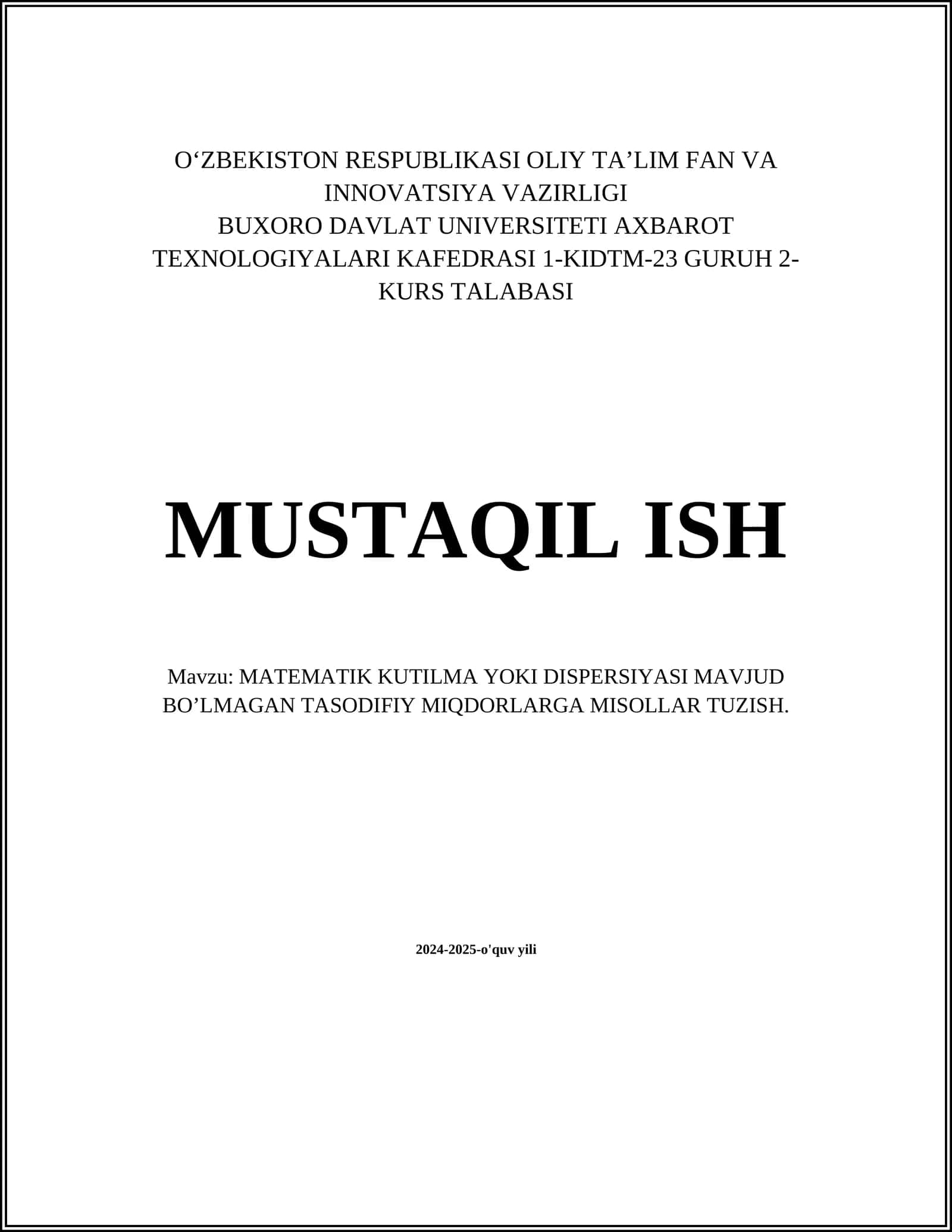 MATEMATIK KUTILMA YOKI DISPERSIYASI MAVJUD BO’LMAGAN TASODIFIY MIQDORLARGA MISOLLAR TUZISH
