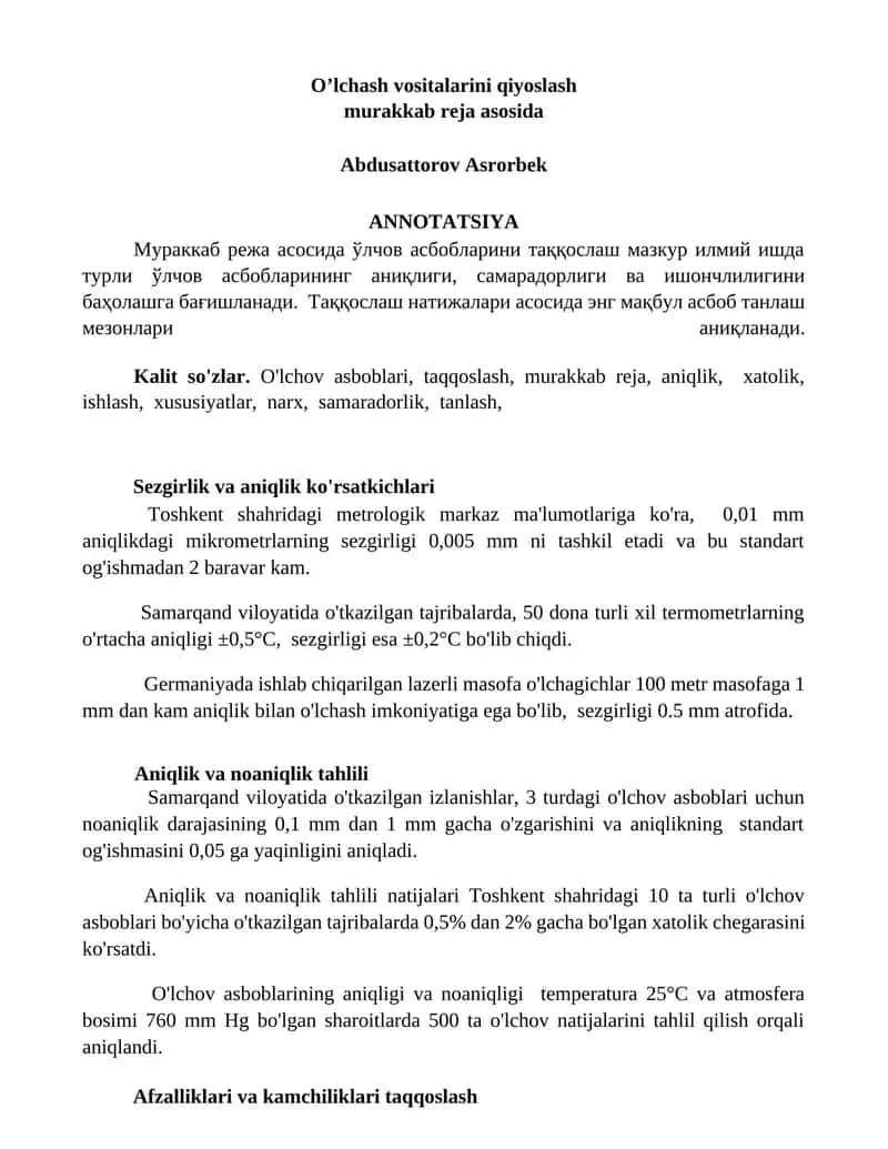 O’lchash vositalarini qiyoslash