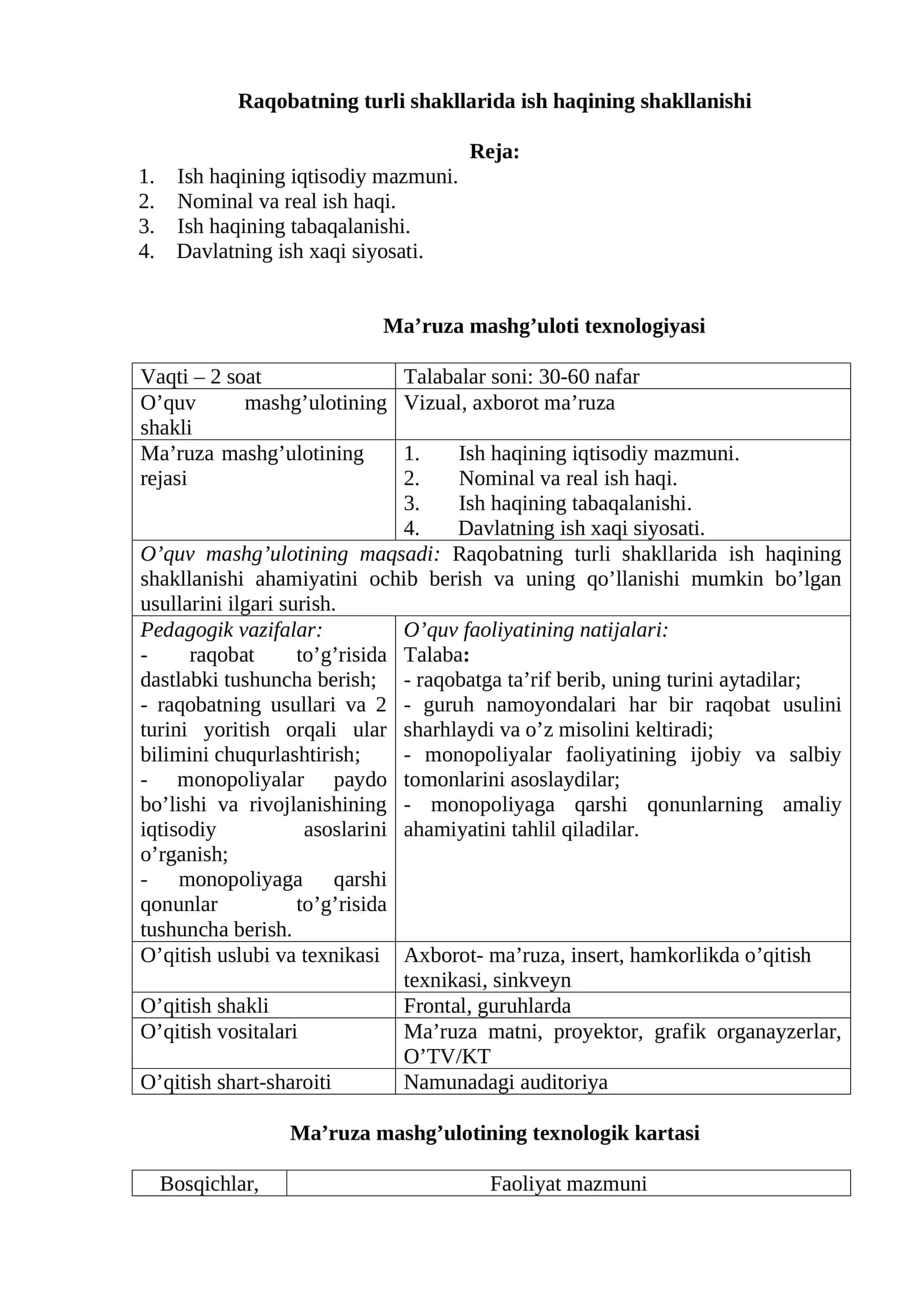 Raqobatning turli shakllarida ish haqining shakllanishi