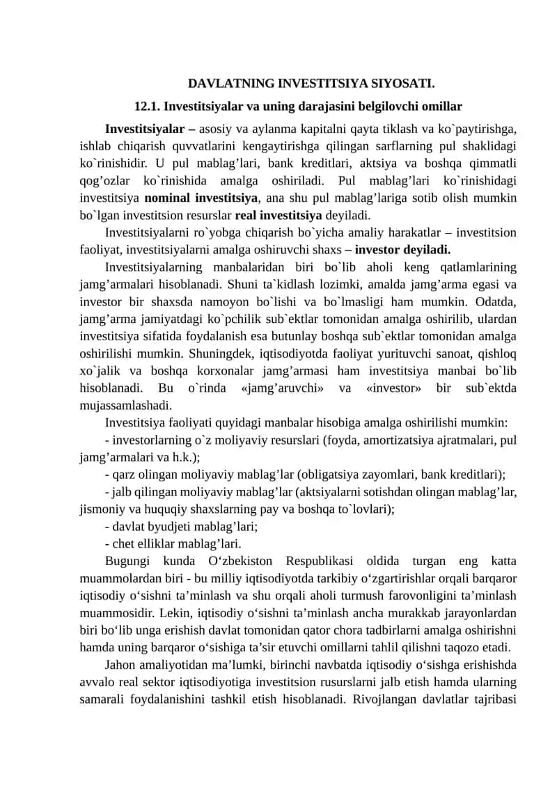 DAVLATNING INVESTITSIYA SIYOSATI