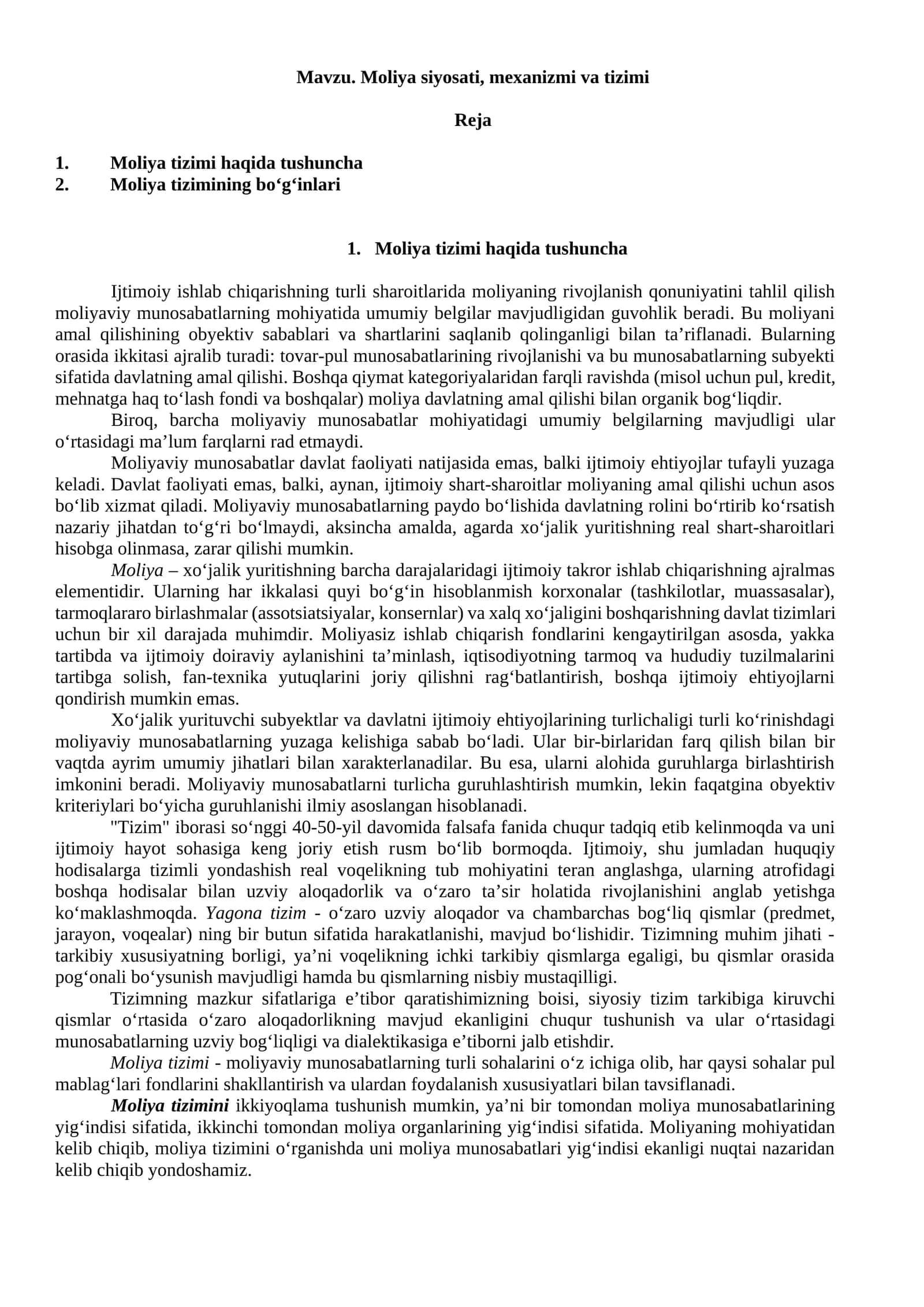 Moliya siyosati, mexanizmi va tizimi