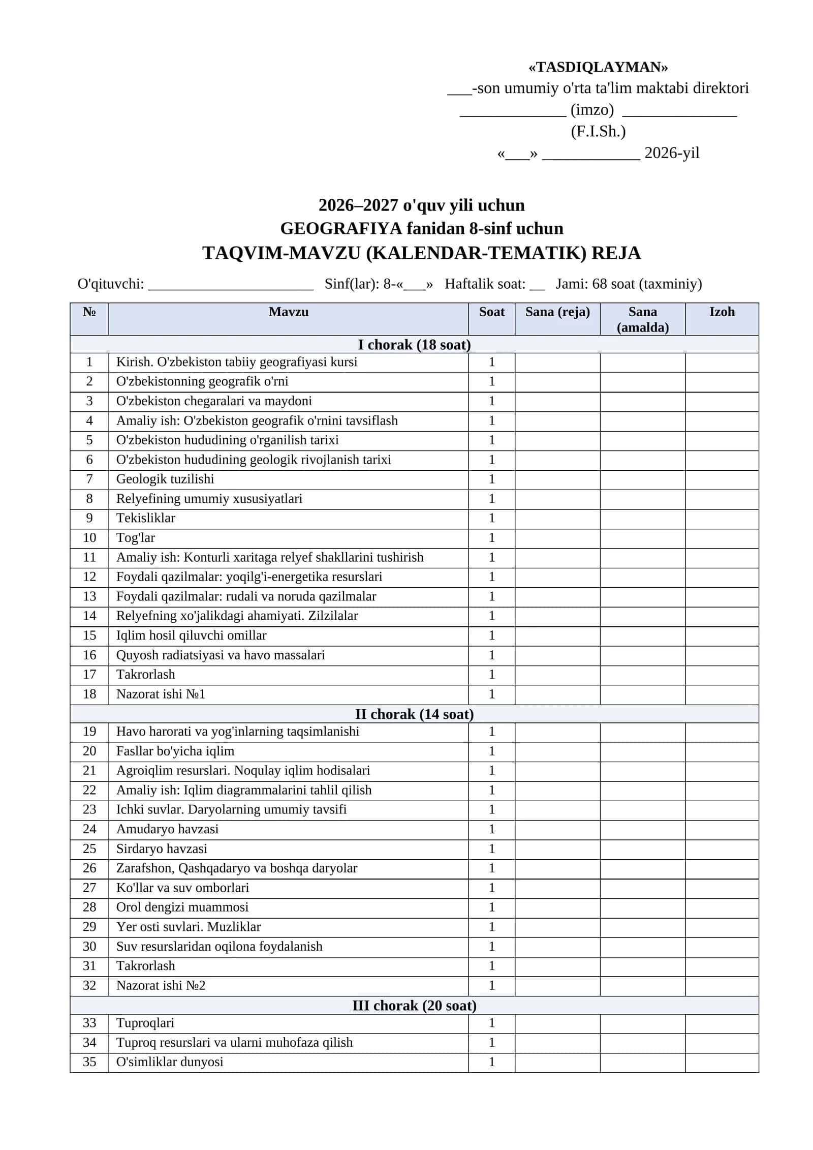 Kalendar tematik reja 2026-2027 8 sinf Geografiya word tayyorgarlik toplami