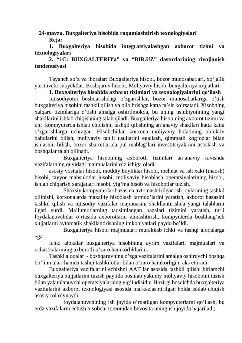 Buxgalteriya hisobida raqamlashtirish texnologiyalari