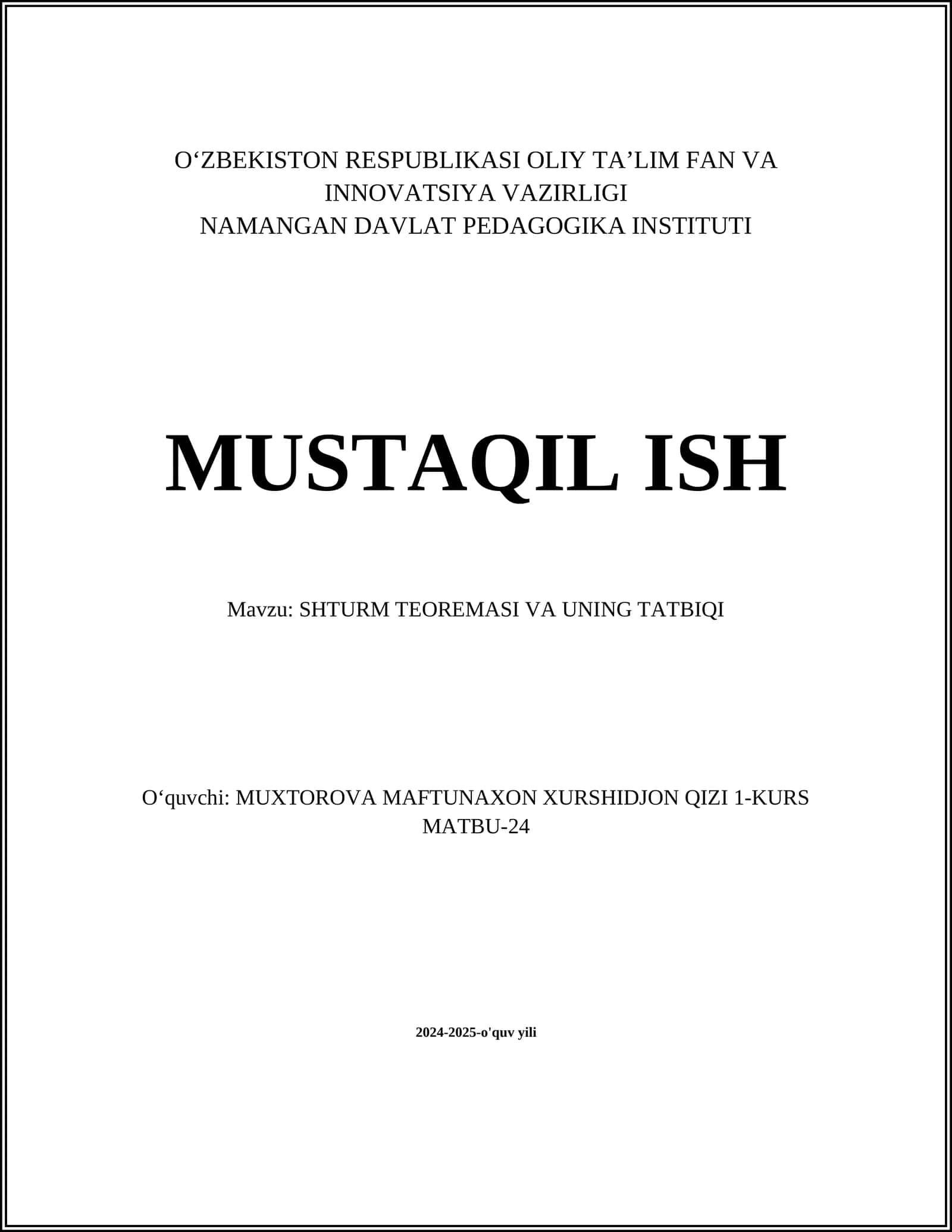 Shturm Teoremasi va uning Tatbqiqi