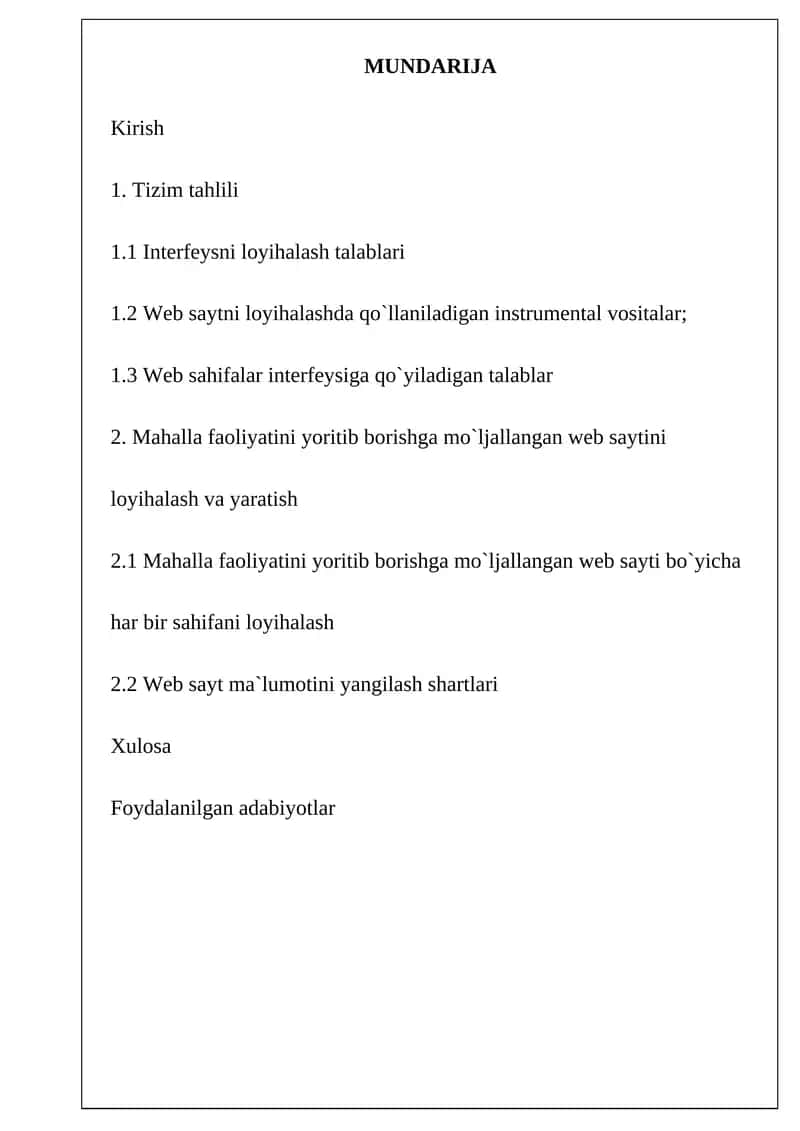 Mahallabay faoliyatini yoritib borishga mo`ljallangan web saytini loyihalash
