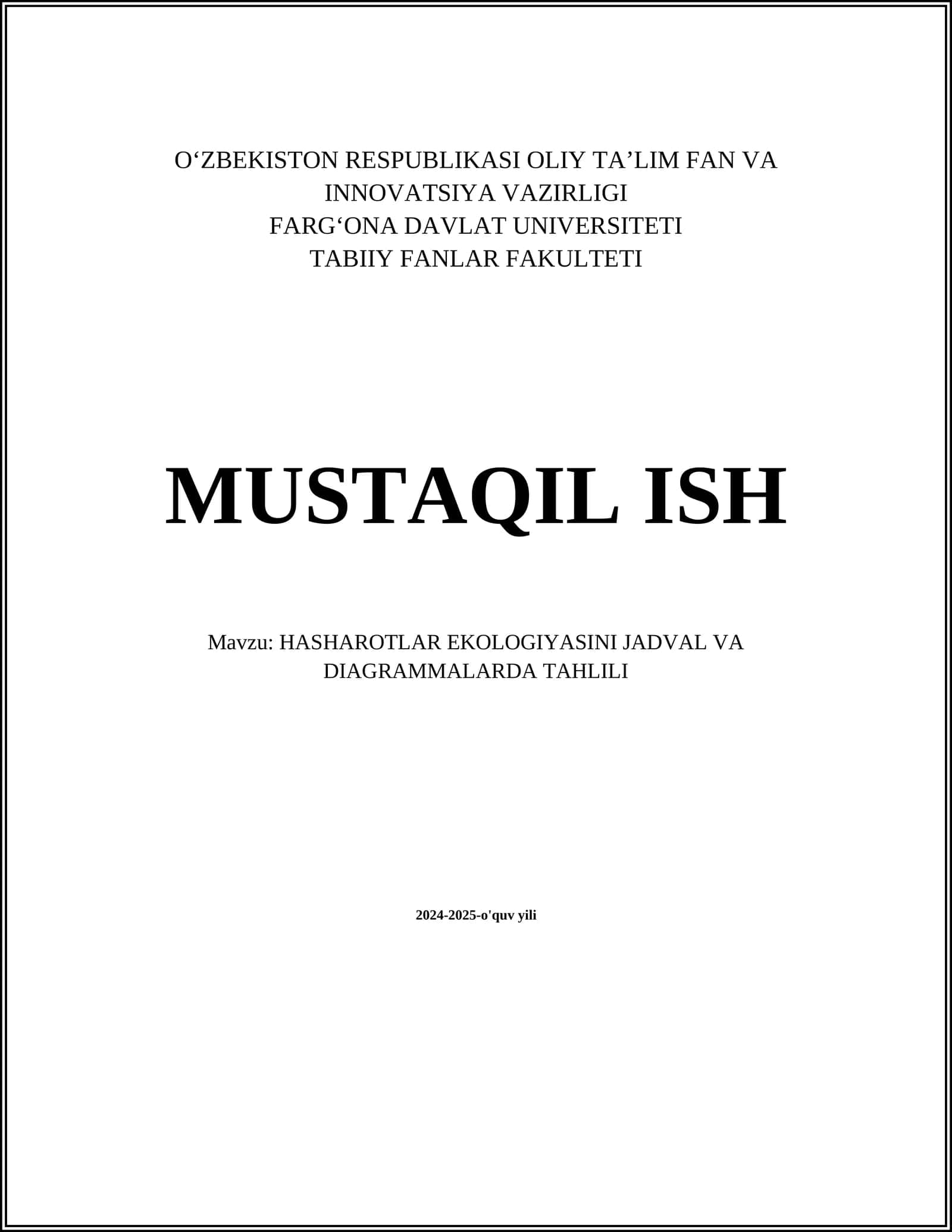 HASHAROTLAR EKOLOGIYASINI JADVAL VA DIAGRAMMALARDA TAHLILI