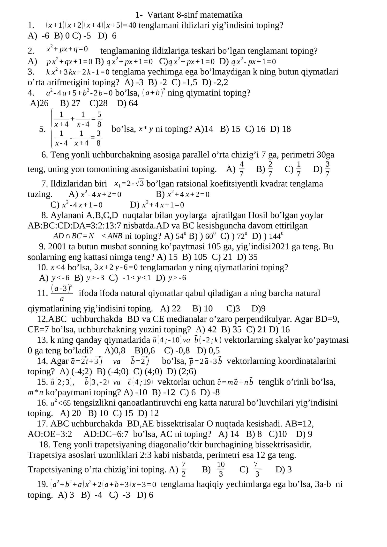Variant 8-sinf matematika