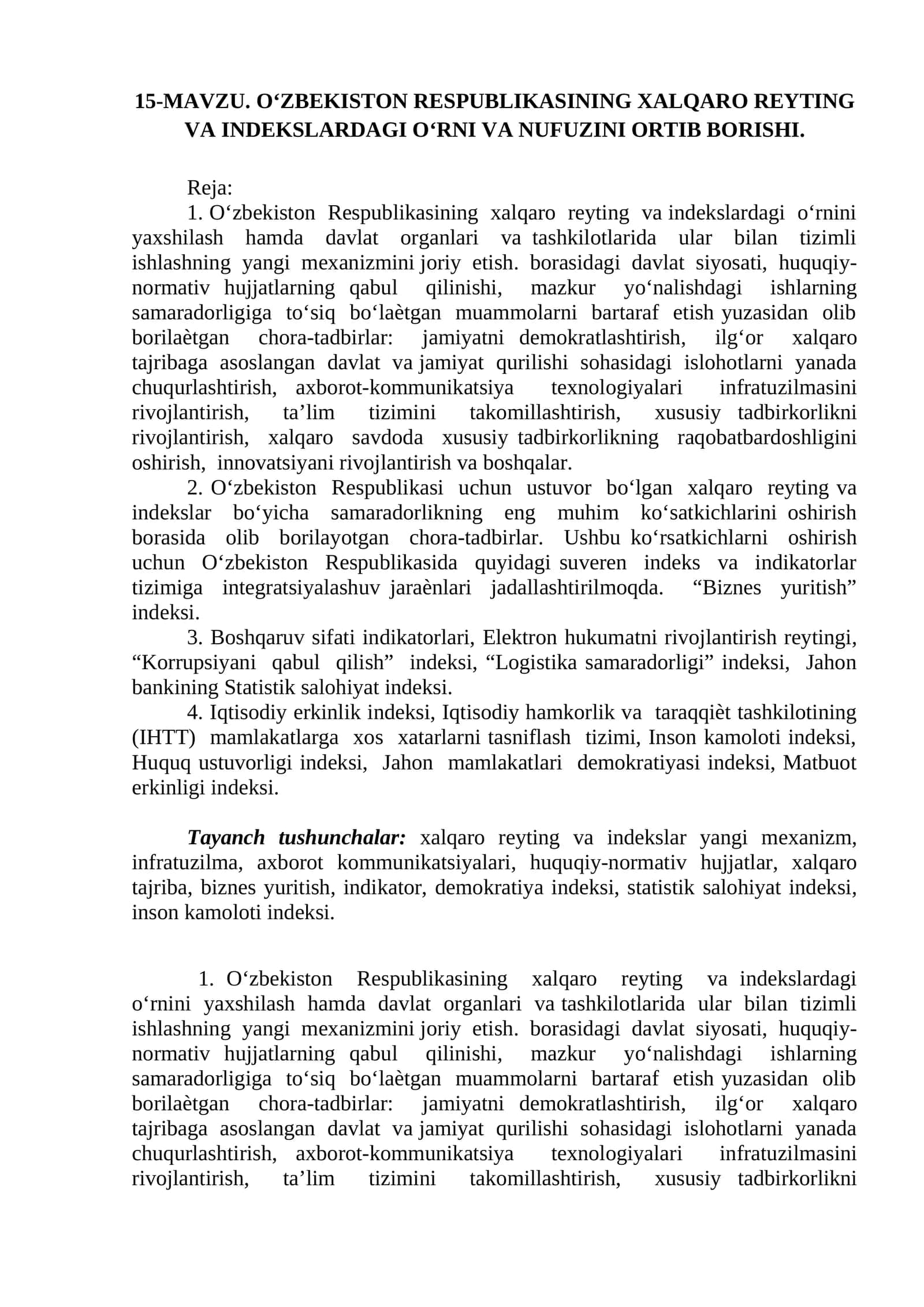 О‘zbekiston Respublikasining xalqaro reyting va indekslardagi о‘rni va nufuzini ortib borishi