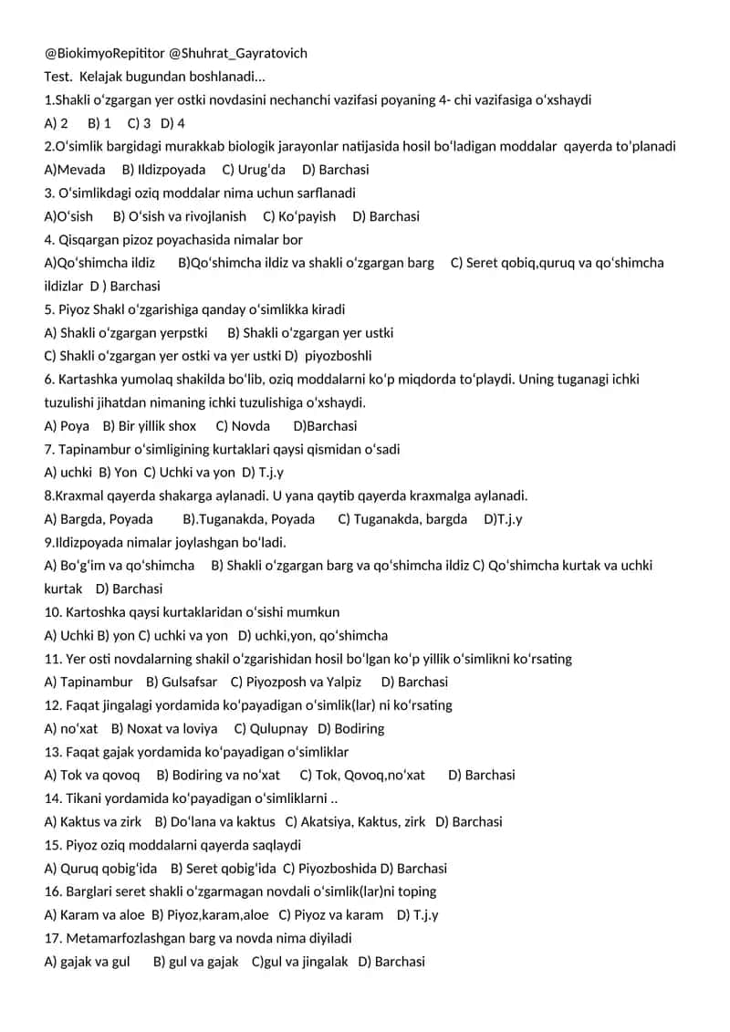 Testning biologiya fanidan topshiriqlar