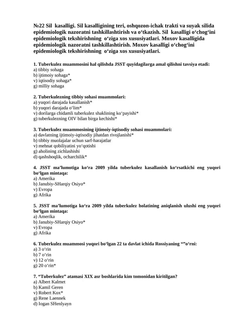 №22 Sil kasalligi. Sil kasalligining teri, oshqozon-ichak trakti va suyak silida epidemiologik nazoratni tashkillashtirish va o‘tkazish