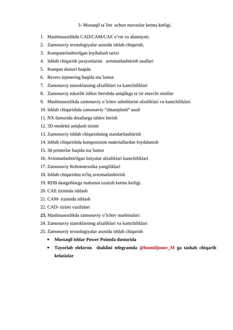 Mustaqil ta`lim uchun mavzular ketma ketligi