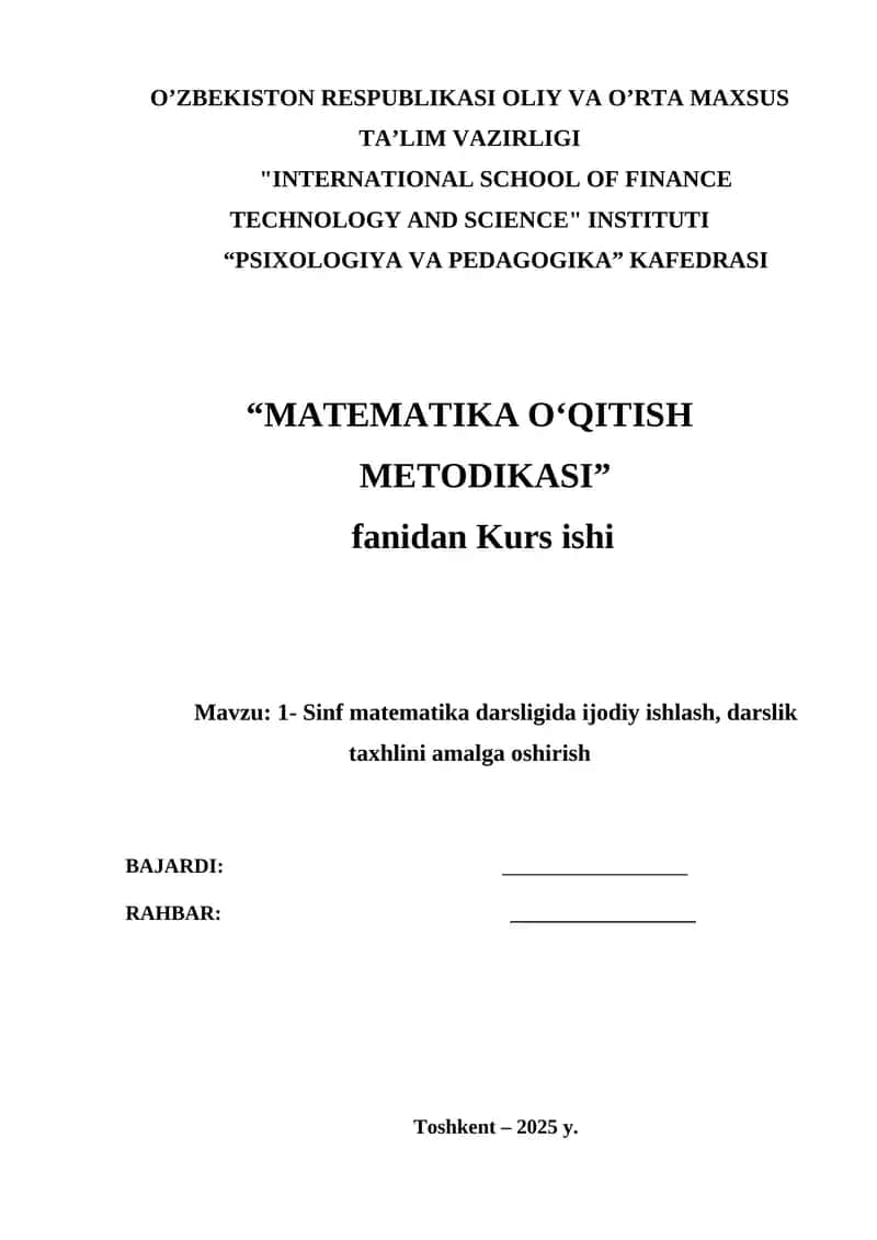 1- Sinf matematika darsligida ijodiy ishlash, darslik taxhlini amalga oshirish