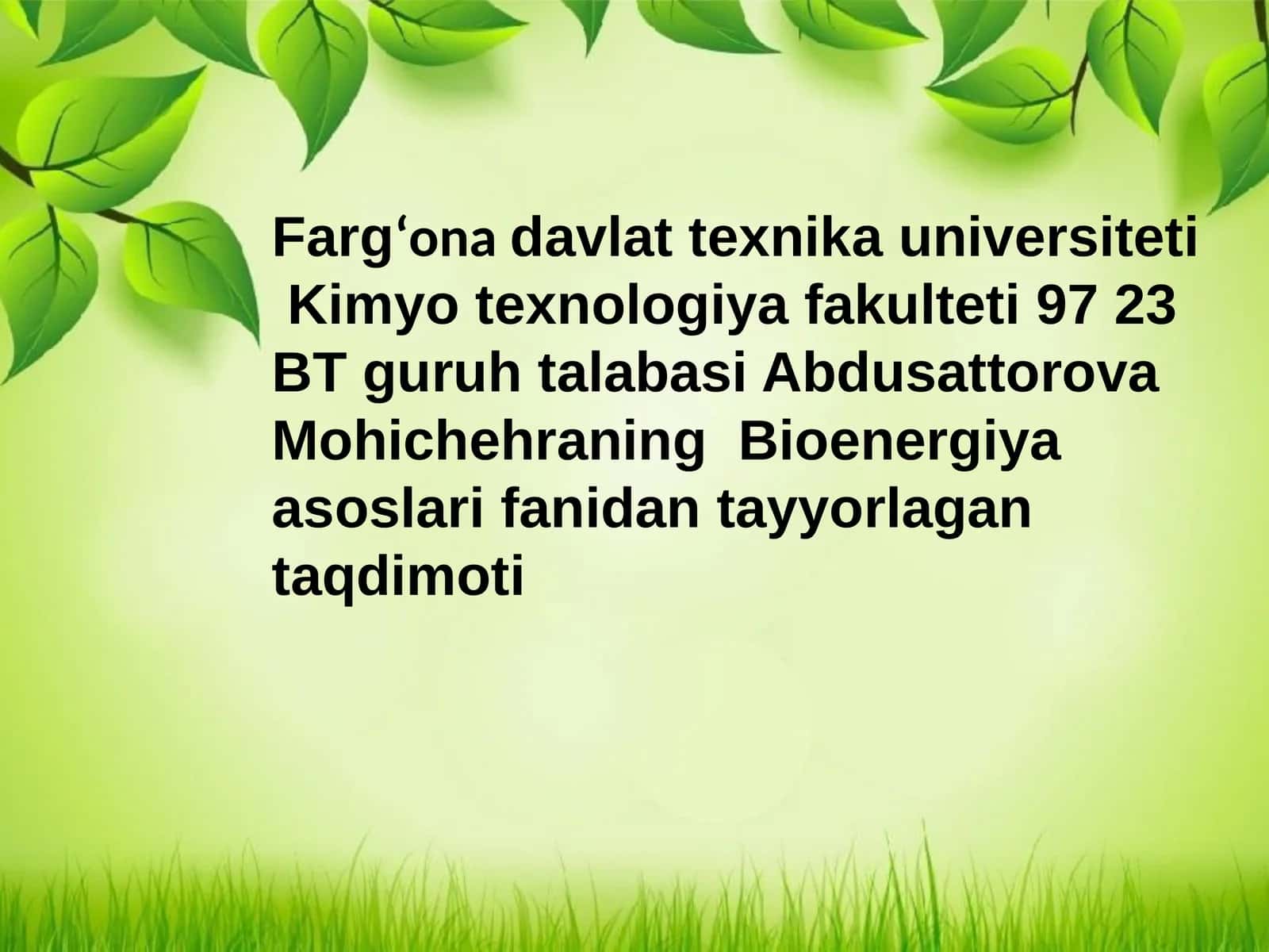 Bioenergetika fanining predmeti maqsad va asosiy tushunchalar