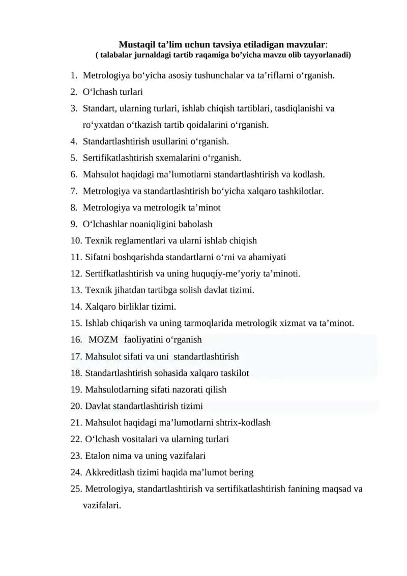 Mustaqil taʼlim uchun metrologiya mavzulari