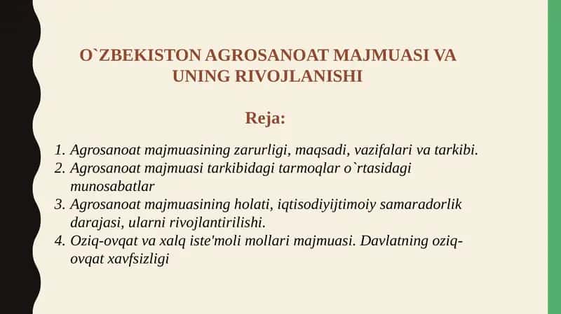 O`ZBEKISTON AGROSANOAT MAJMUASI VA UNING RIVOJLANISHI