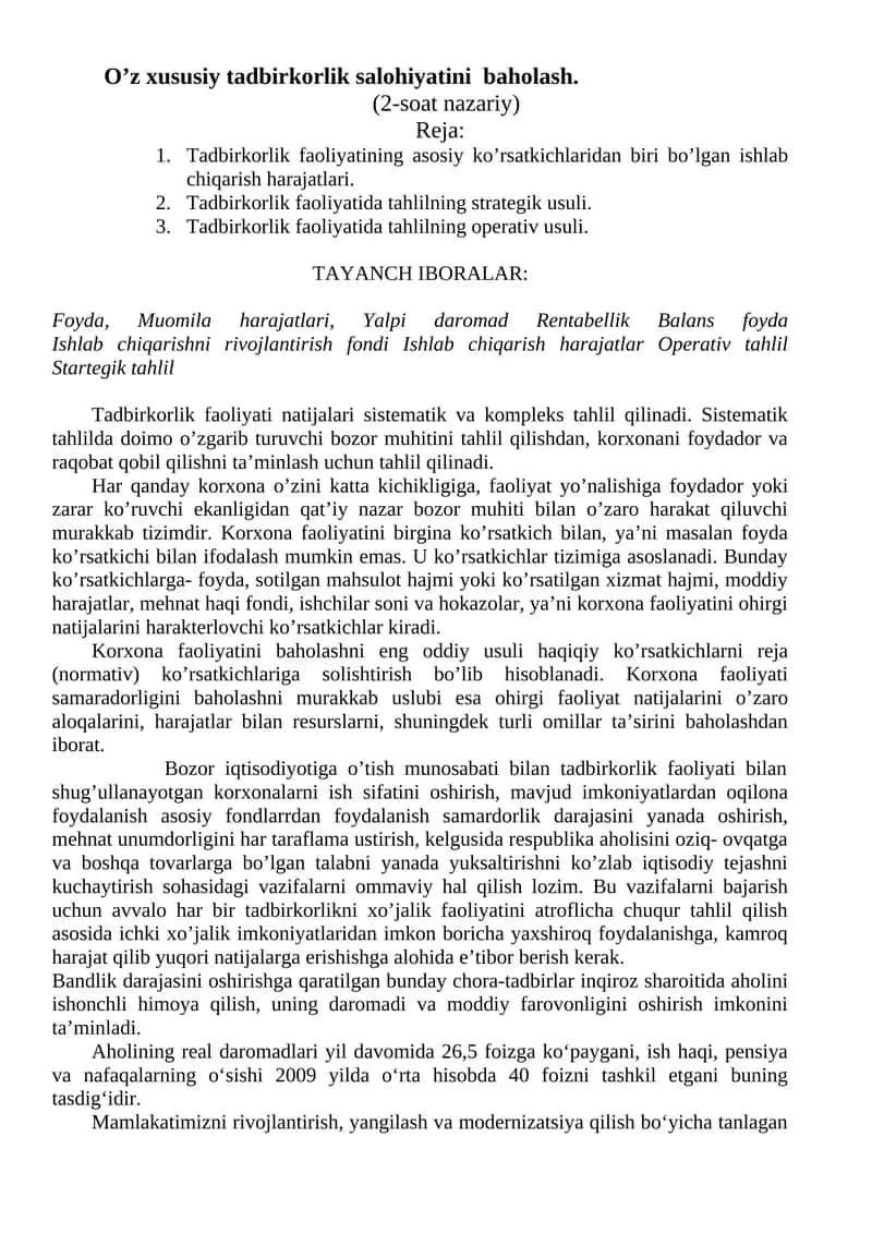 Tadbirkorlik faoliyati natijalari