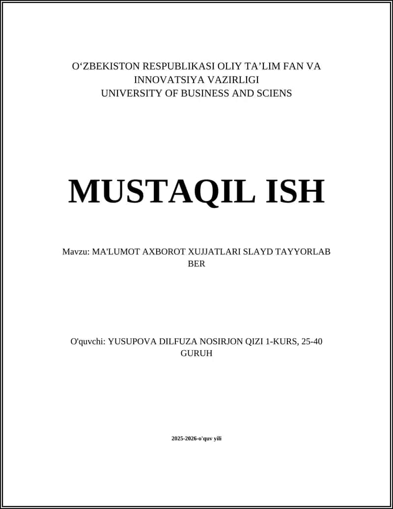 MA'LUMOT AXBOROT XUJJATLARI SLAYD TAYYORLAB BER