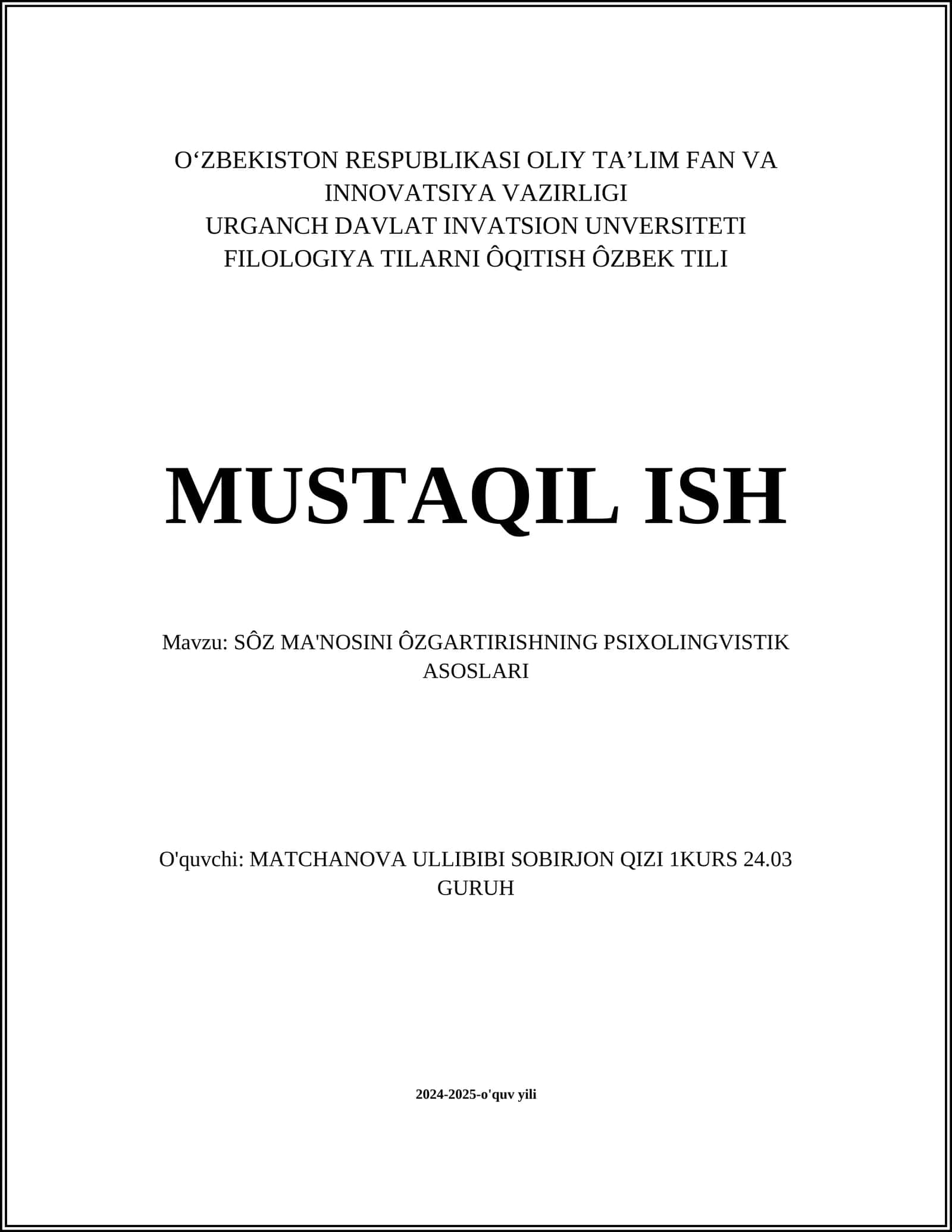 SÔZ MA'NOSINI ÔZGARTIRISHNING PSIXOLINGVISTIK ASOSLARI