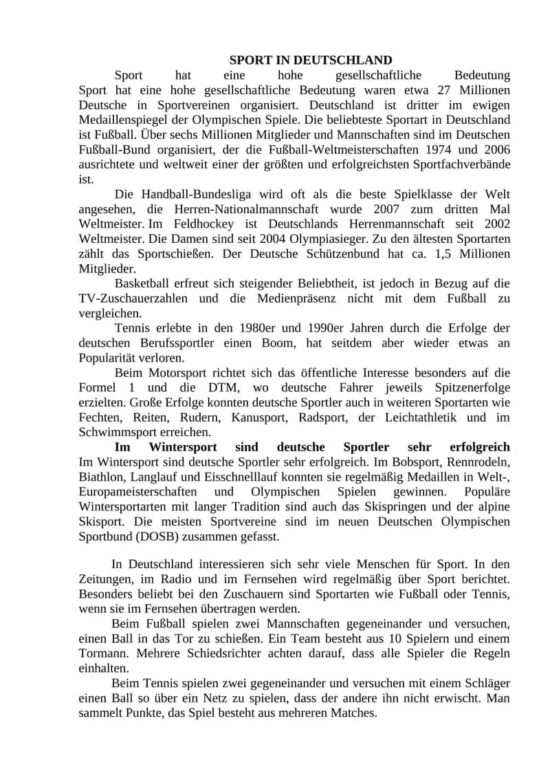 SPORT IN DEUTSCHLAND