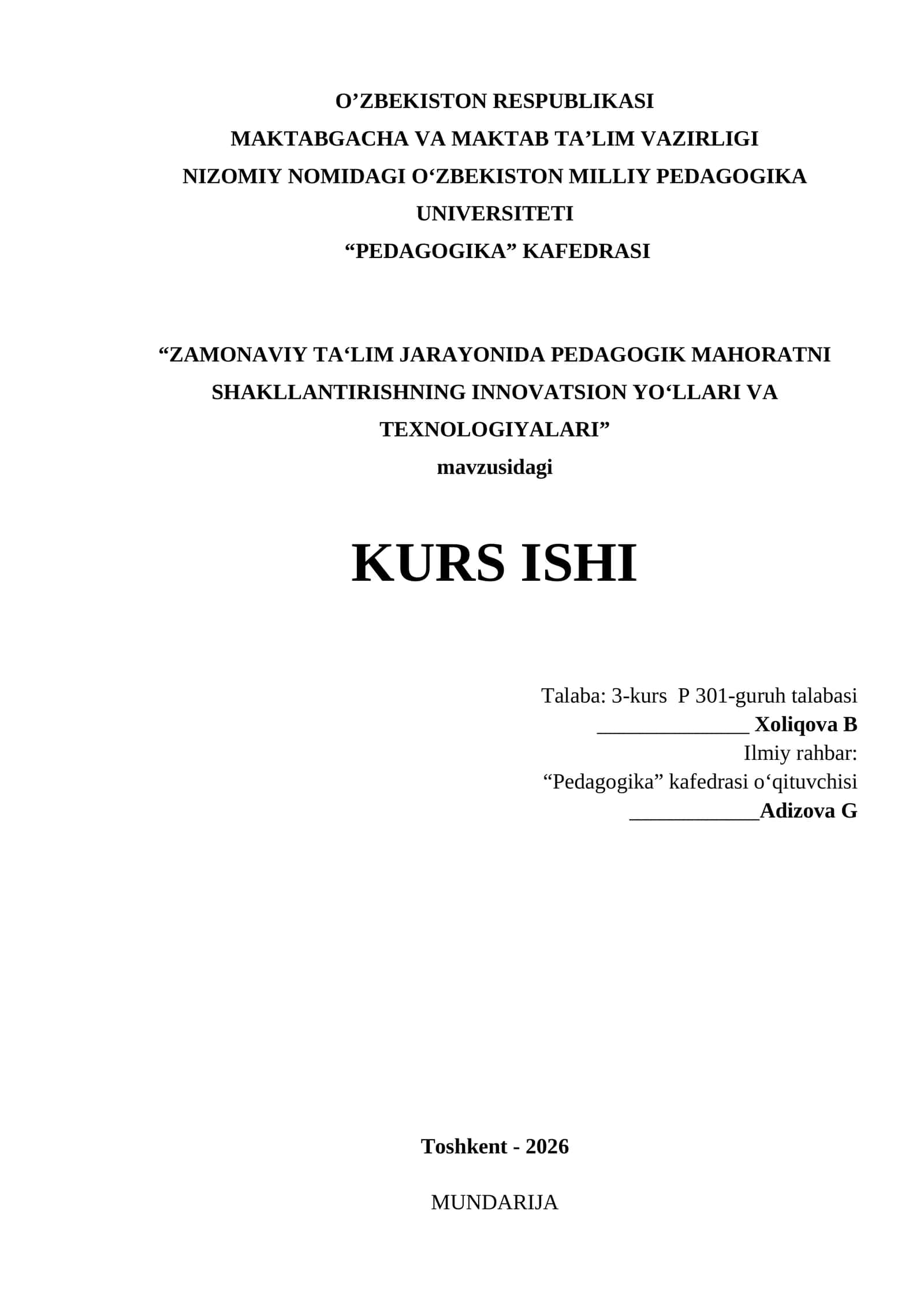 ZAMONAVIY TA‘LIM JARAYONIDA PEDAGOGIK MAHORATNI SHAKLLANTIRISHNING INNOVATSION YO‘LLARI VA TEXNOLOGIYALARI