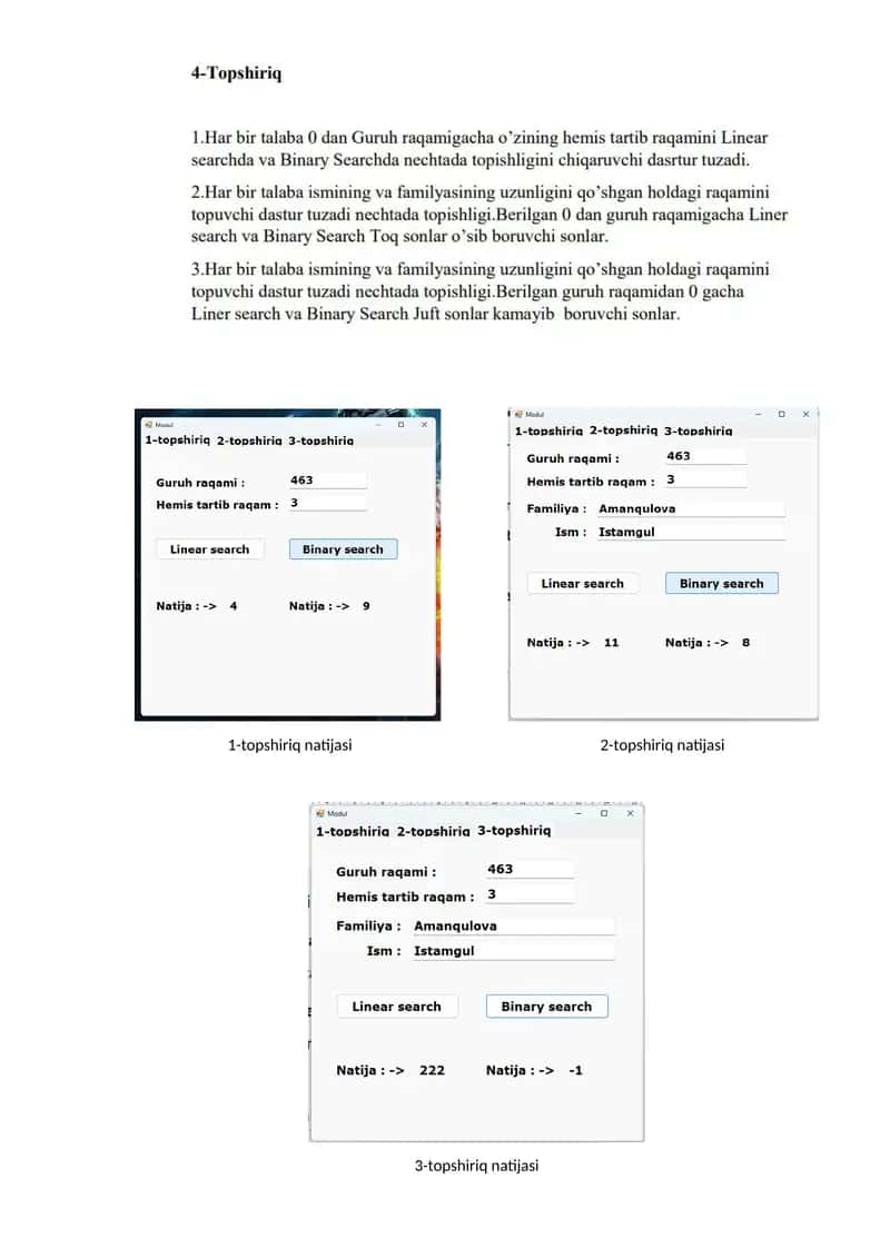 Qidiruv tizimlari (linear search, binary search) dastur kodi