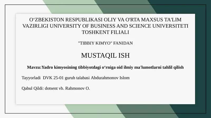 Yadro kimyosining tibbiyotdagi o'rniga oid ma'lumotlar