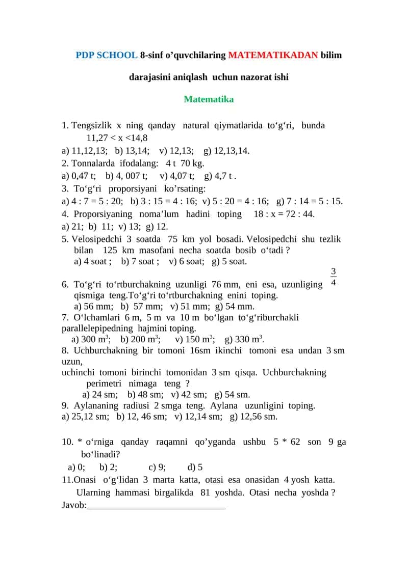 PDP SCHOOL 8-sinf o’quvchilaring MATEMATIKADAN bilim darajasini aniqlash