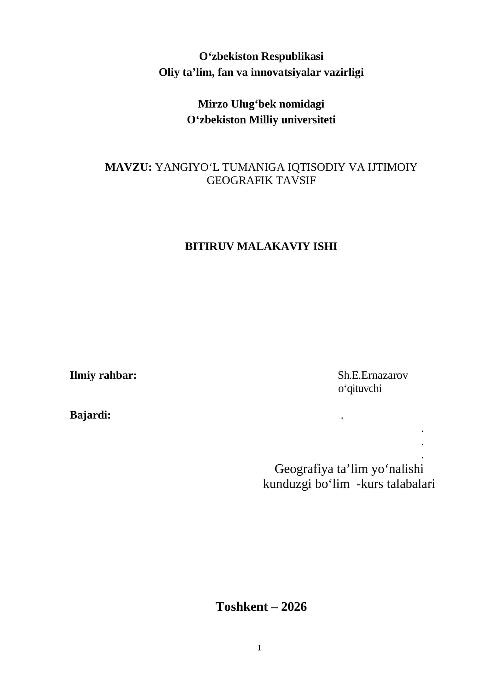 BMI . YANGIYO‘L TUMANIGA IQTISODIY VA IJTIMOIY GEOGRAFIK TAVSIF