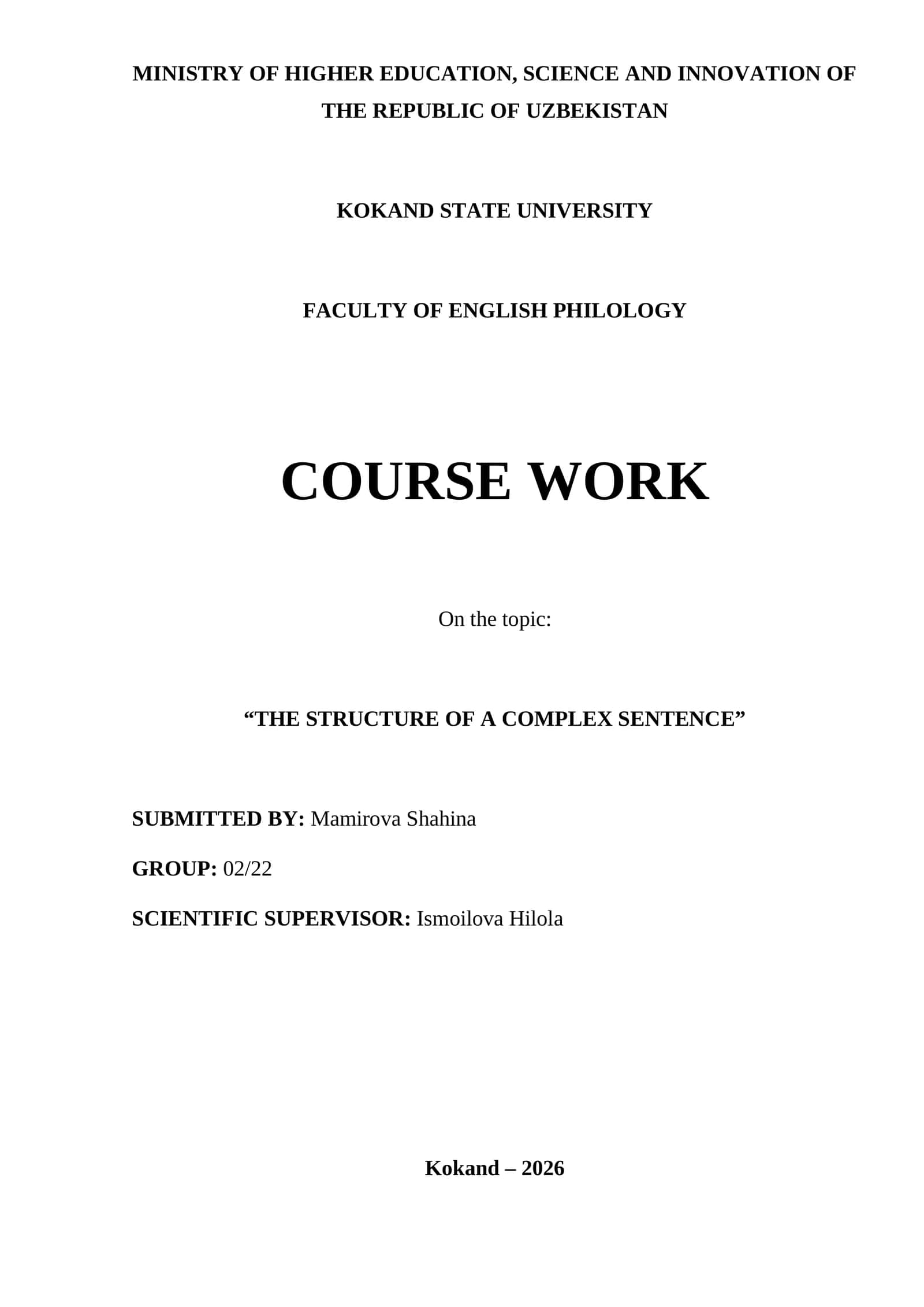 COURSE WORK: “THE STRUCTURE OF A COMPLEX SENTENCE”