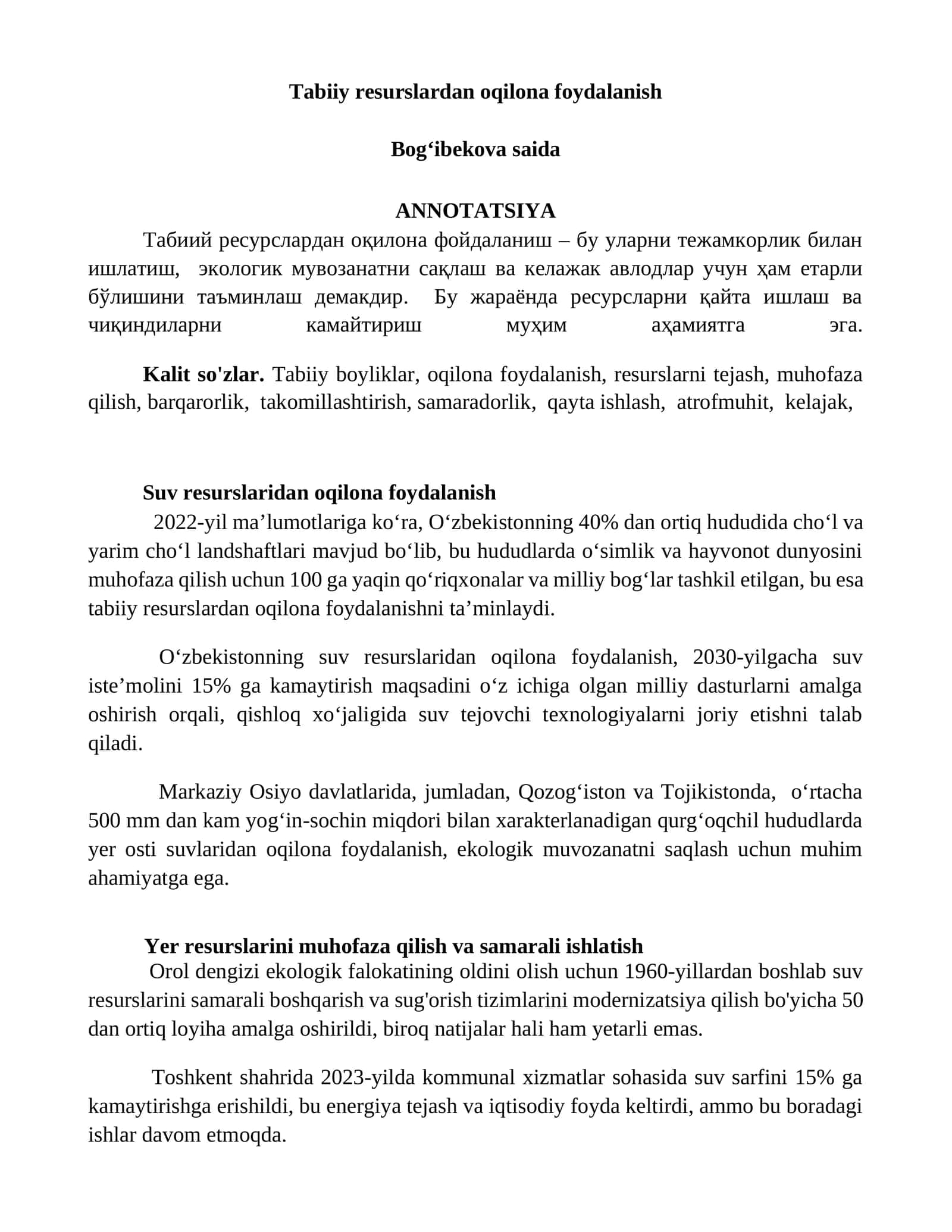 Tabiiy resurslardan oqilona foydalanish