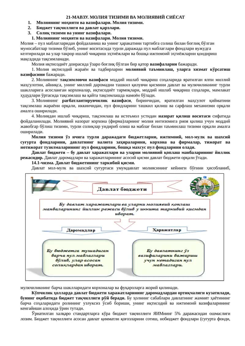 Молия Тизими Ва Молиявий Сиёсат