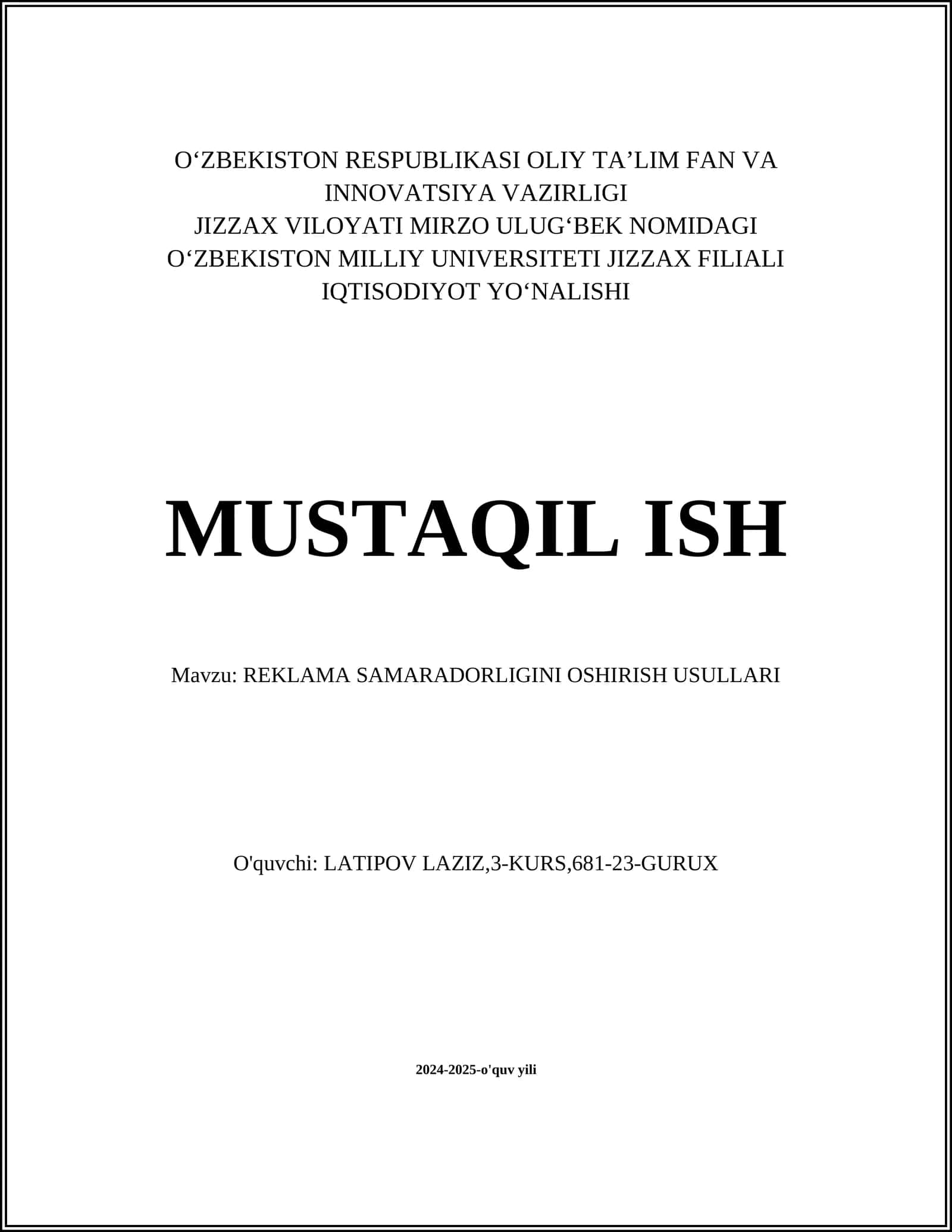 REKLAMA SAMARADORLIGINI OSHIRISH USULLARI