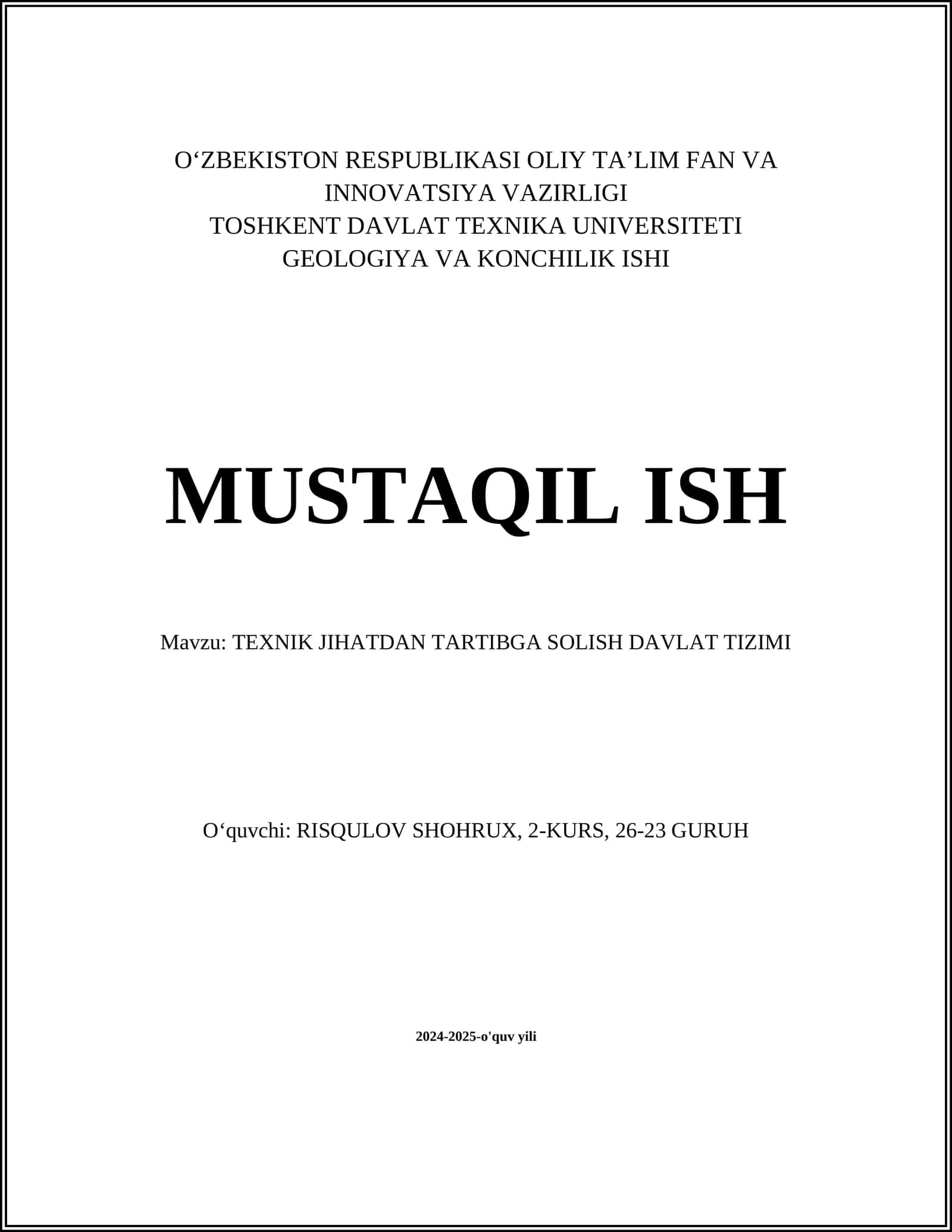 TEXNIK JIHATDAN TARTIBGA SOLISH DAVLAT TIZIMI