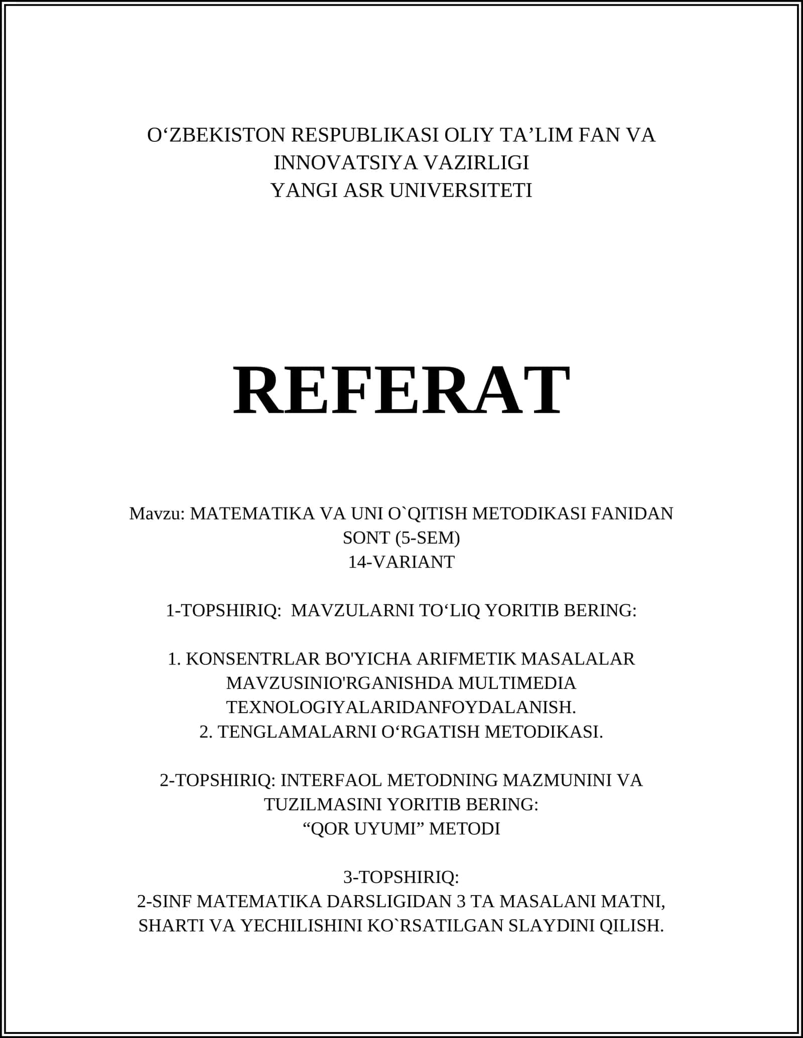 MATEMATIKA VA UNI O`QITISH METODIKASI FANIDAN SONT (5-SEM)