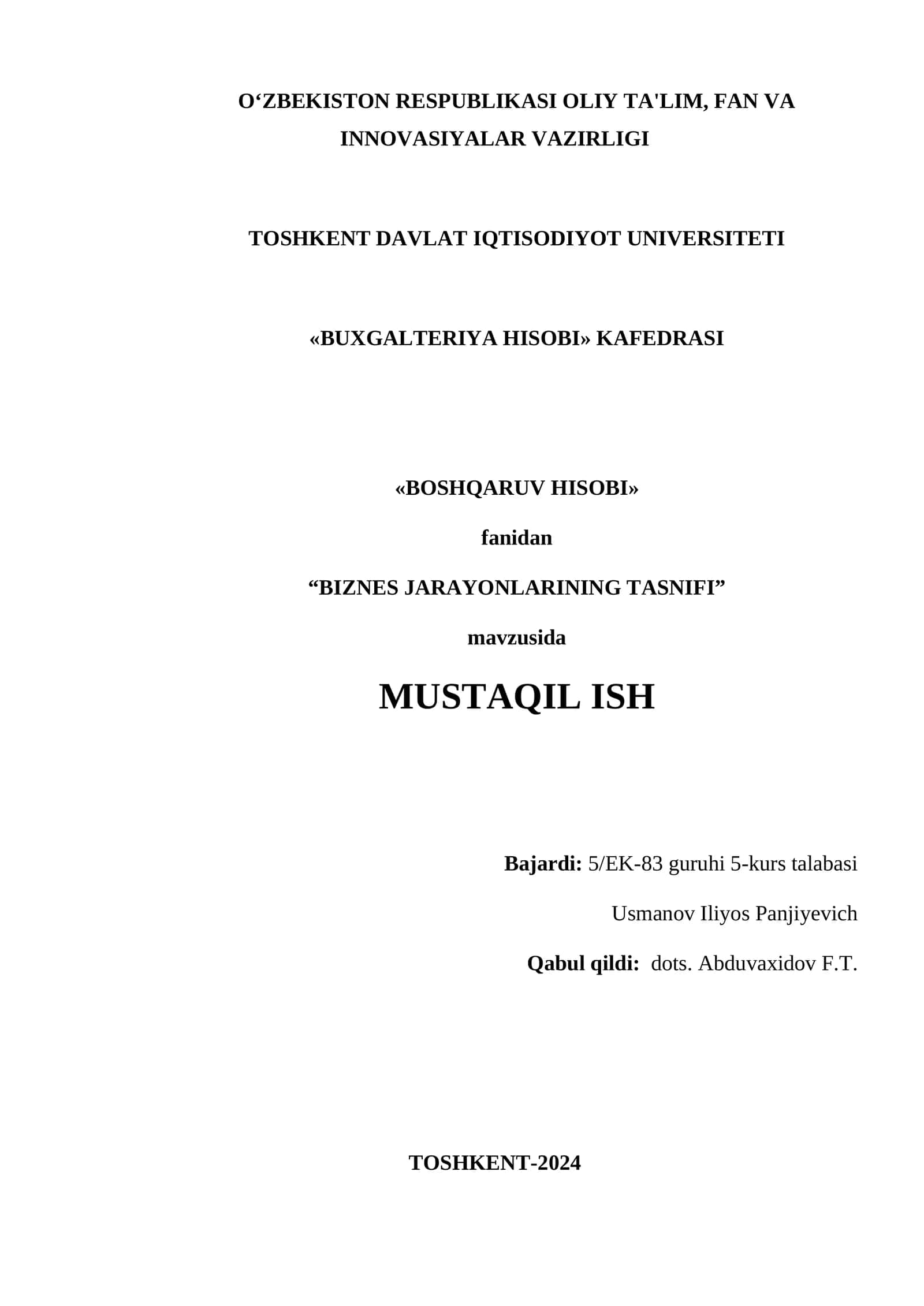 BIZNES JARAYONLARINING TASNIFI