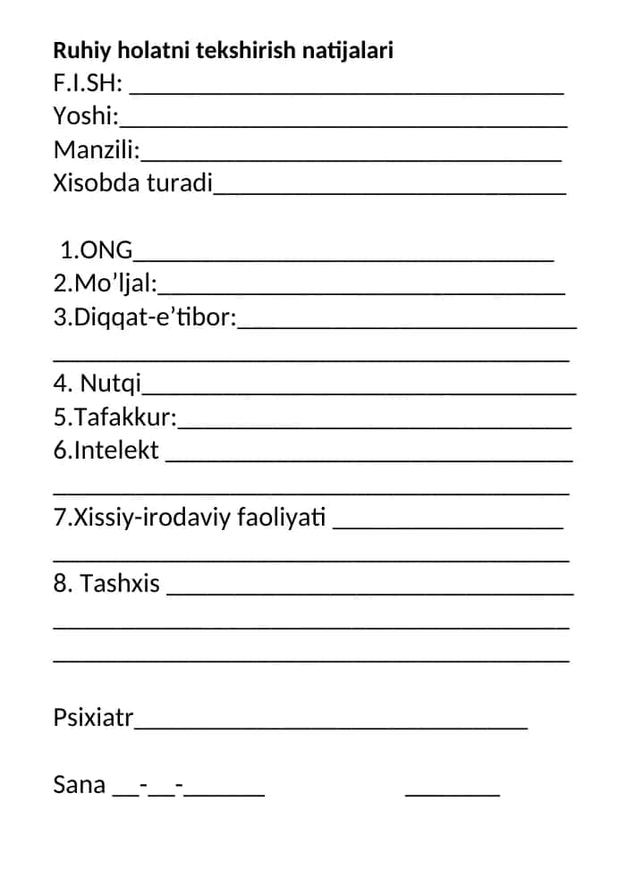 Ruhiy holatni tekshirish natijalari