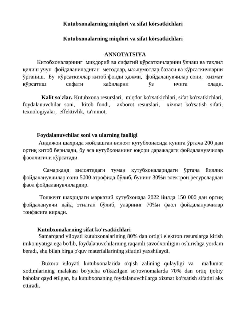 Kutubxonalarning miqdori va sifat kòrsatkichlari